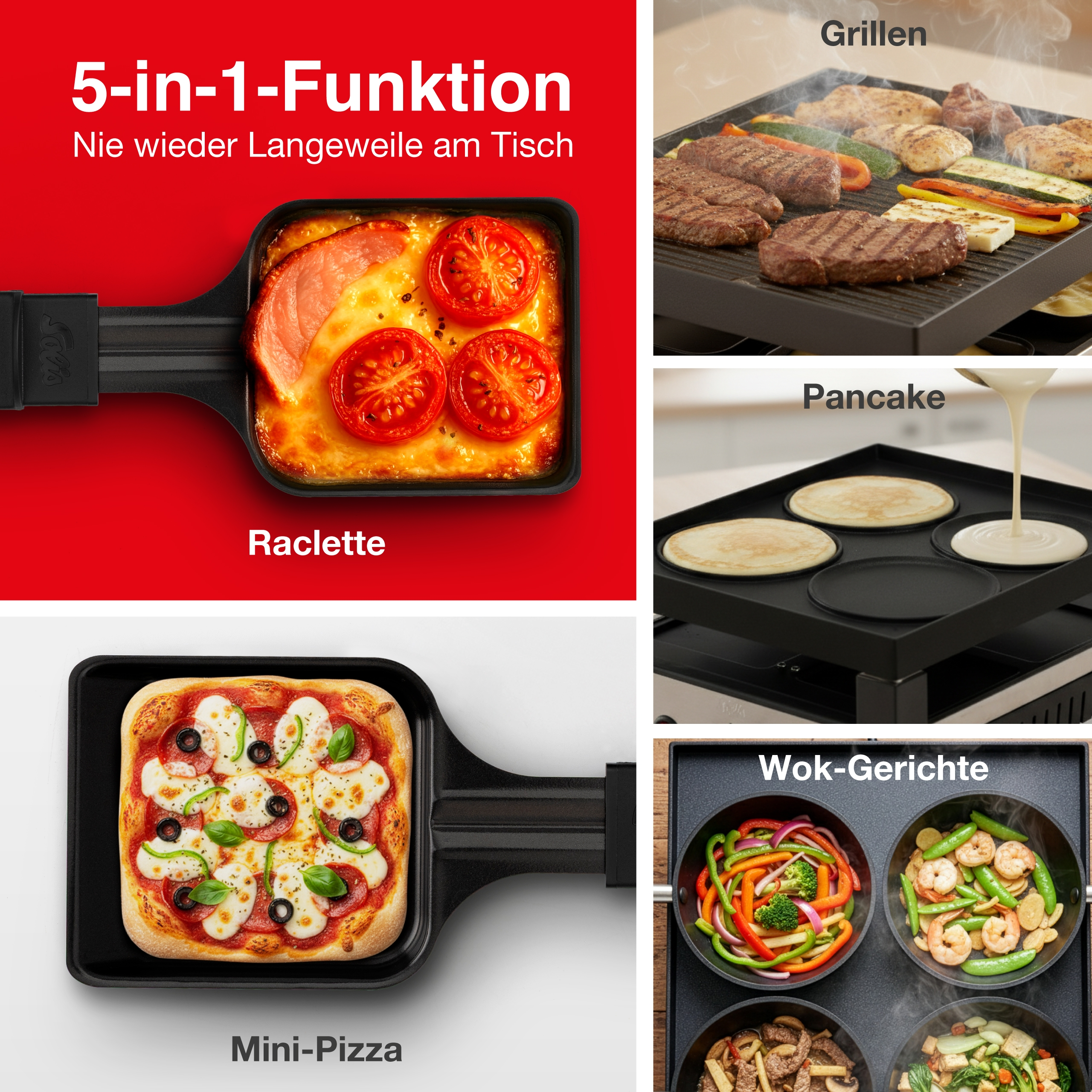 Collage mit Raclette, Mini-Pizza, Grillgut, Pancakes und Wok-Gerichten.