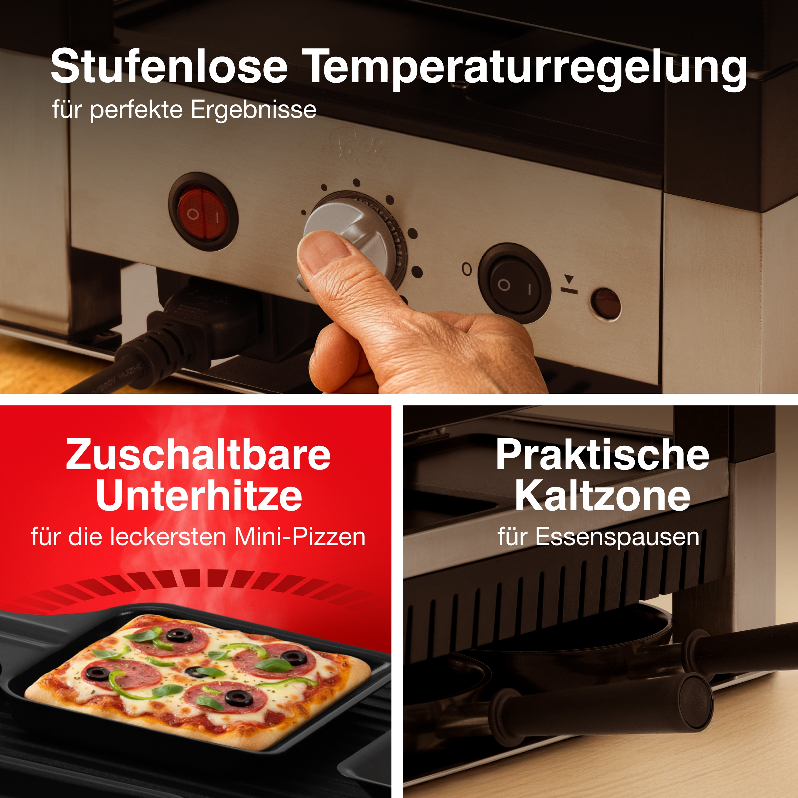 Ein Gerät mit Temperaturregler, Pizzabackfläche und Kaltzone.