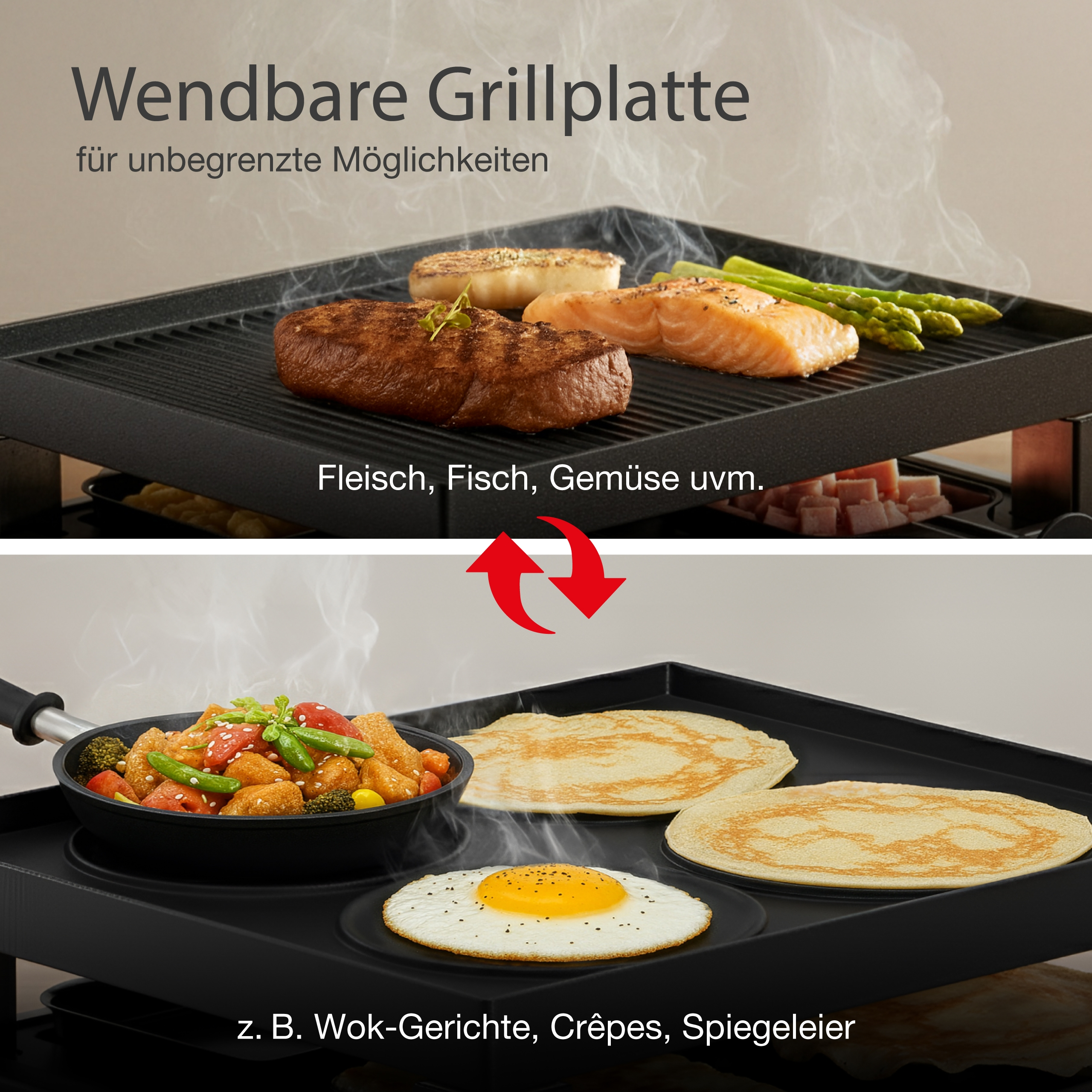Grillplatte mit Fleisch, Fisch, Gemüse, Wok-Gerichten, Crêpes und Spiegeleiern.
