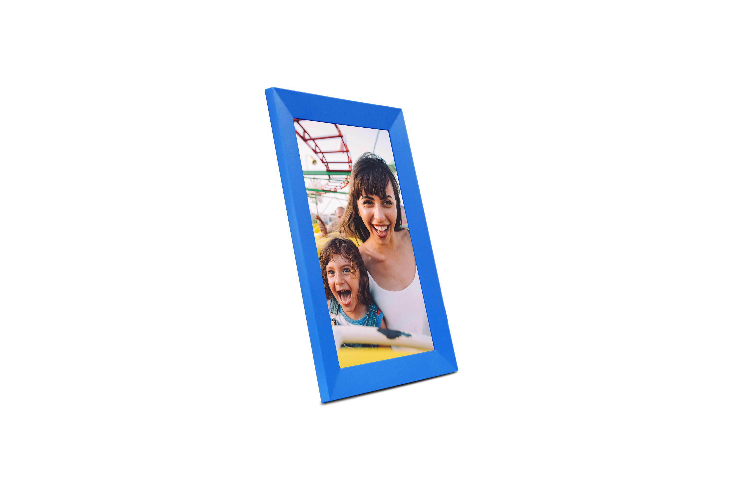 A blue photo frame shows a smiling mother and child on a roller coaster.