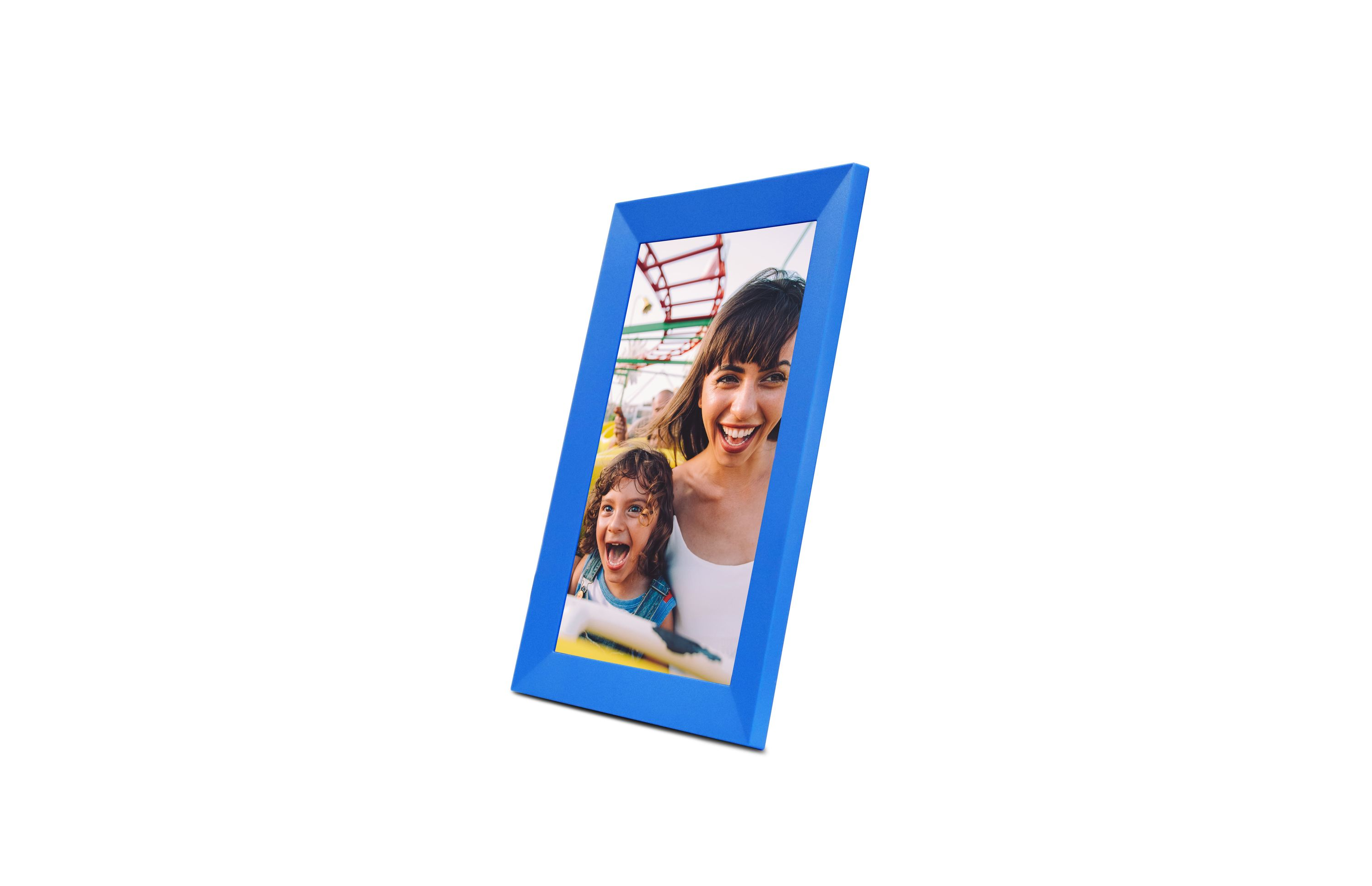 A blue photo frame with a picture of a smiling woman and child.