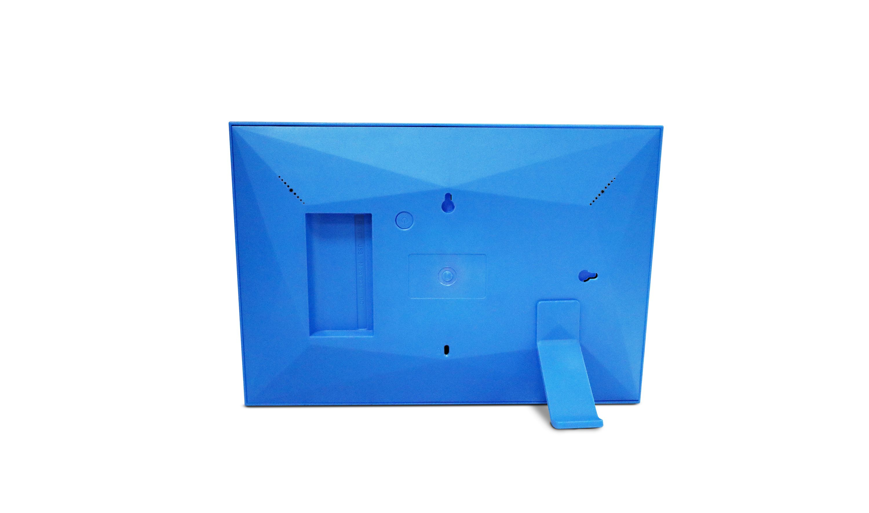 Back of a blue digital photo frame with stand and wall mount hole.