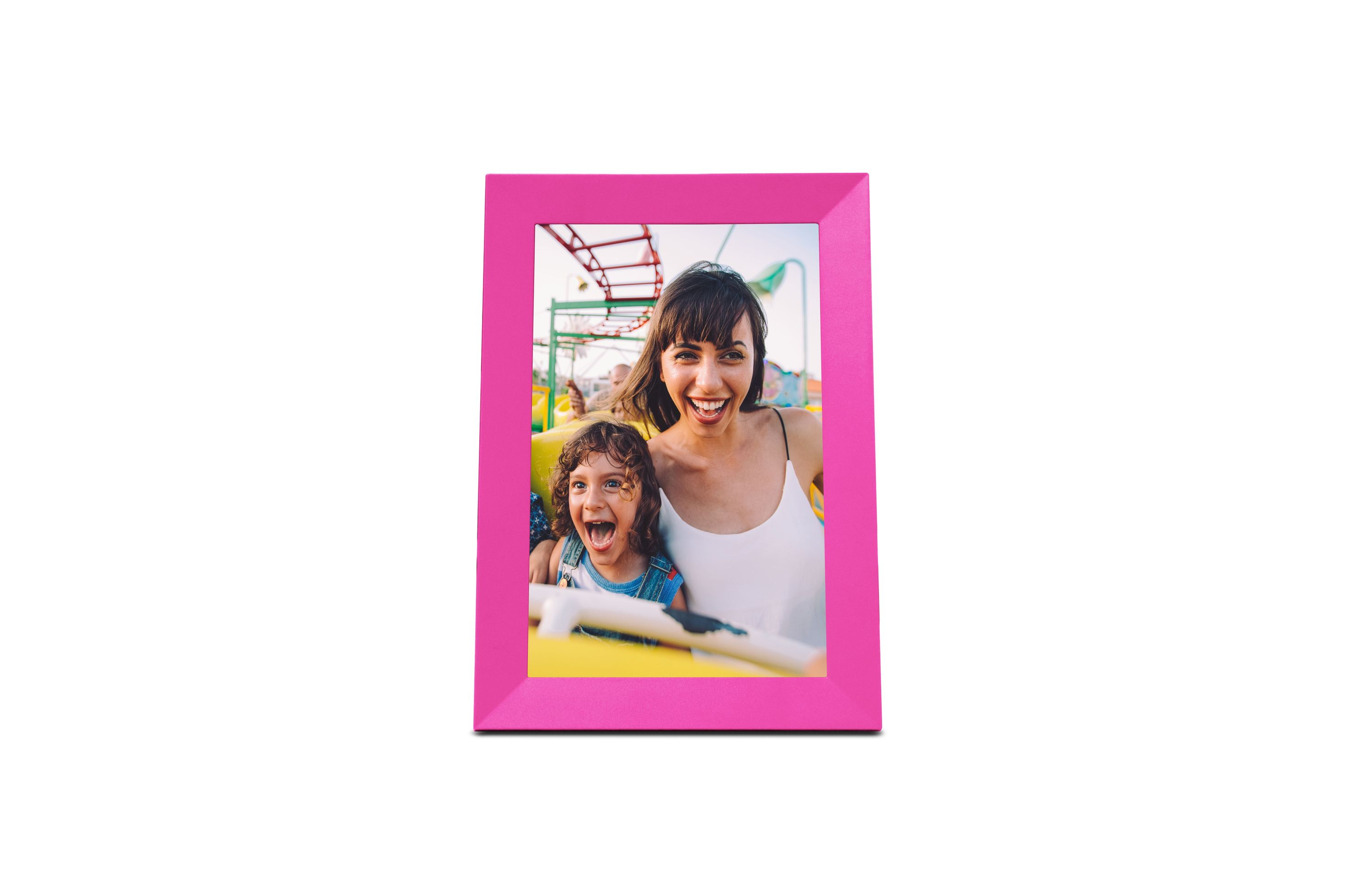 Woman and child laughing on a roller coaster in a photo frame.