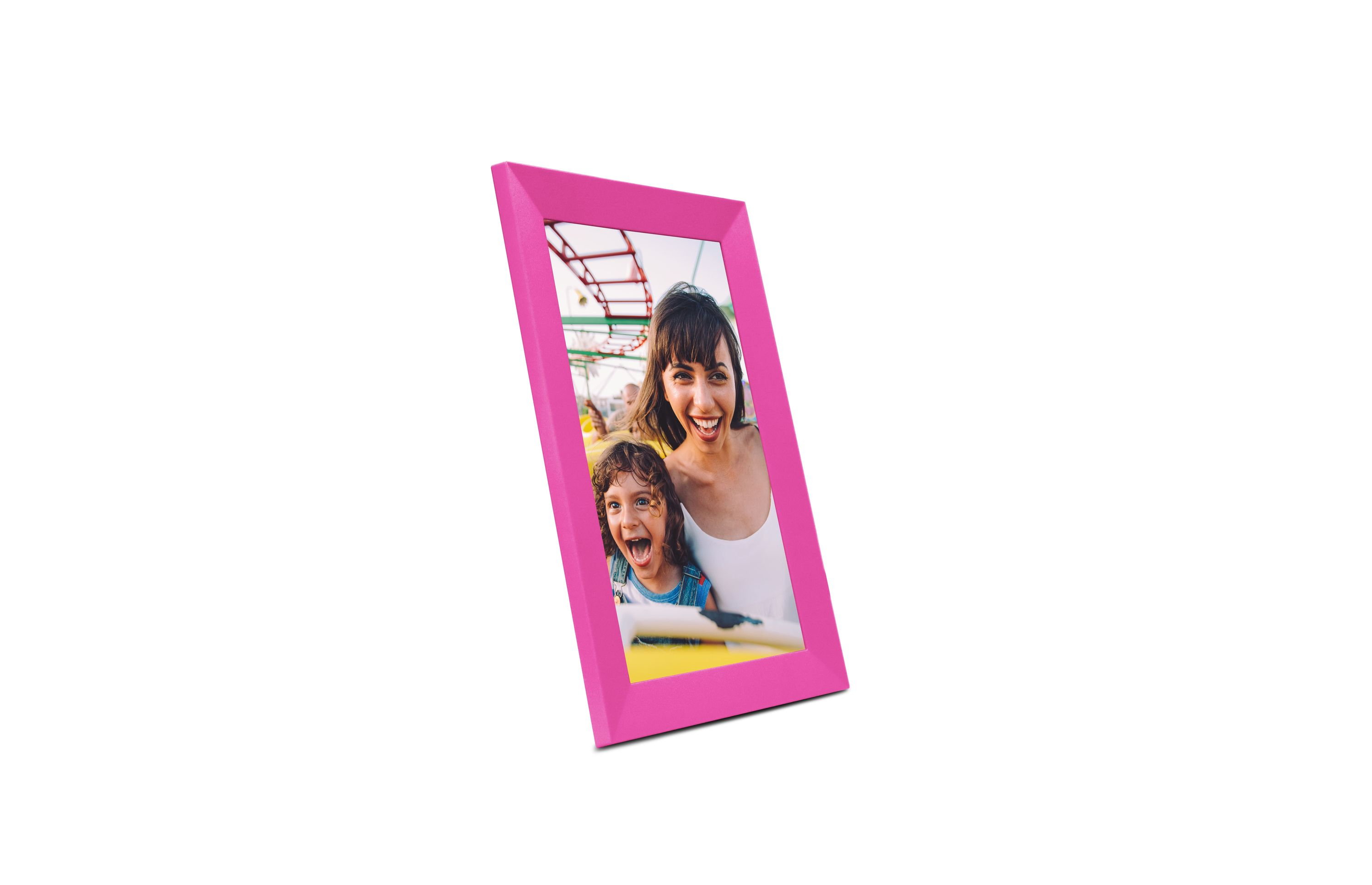 A pink photo frame holding an image of a laughing woman and child.