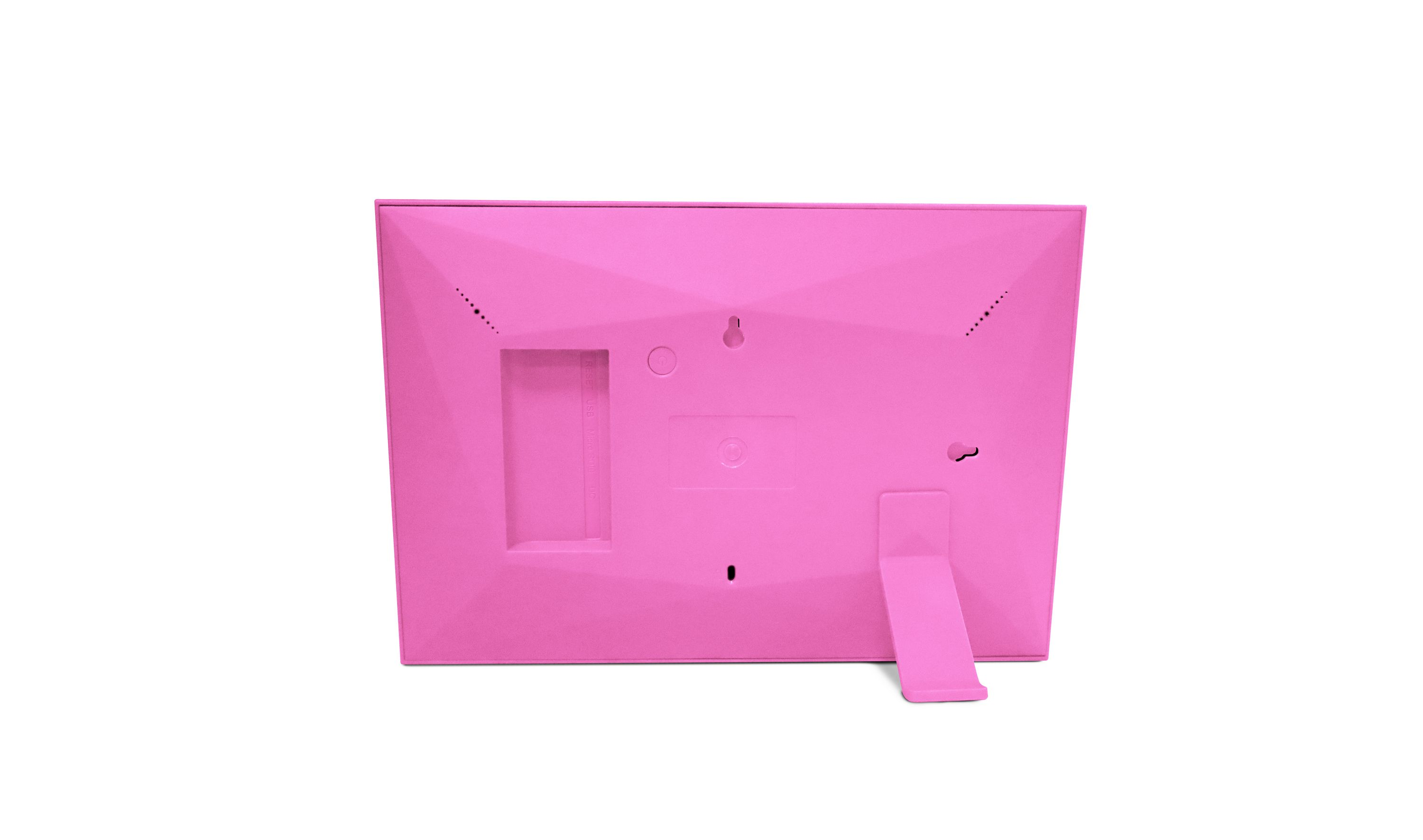 Back of a pink picture frame with a foldable stand and a hanging hook.