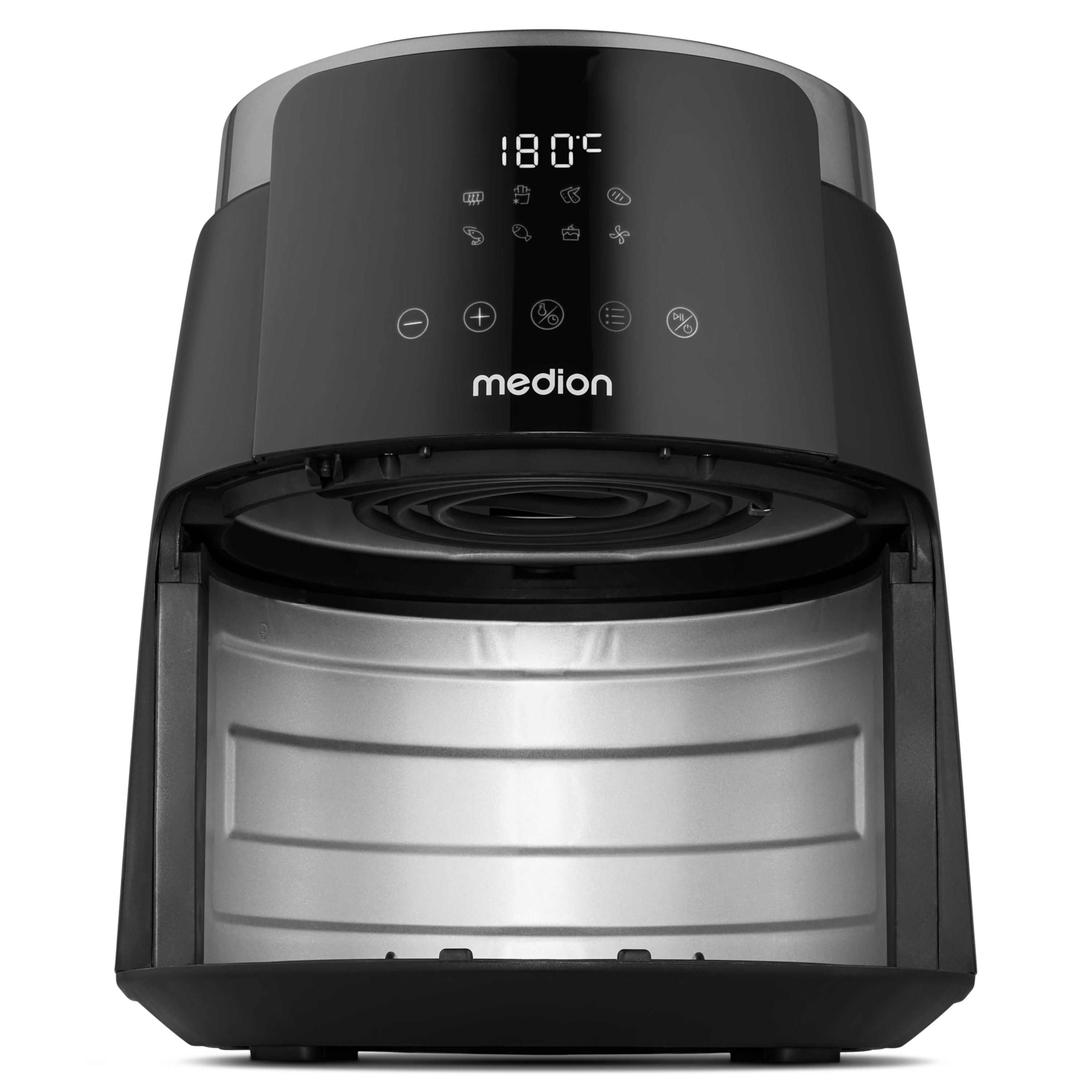 Een zwarte Medion airfryer met digitale weergave van 180°C.