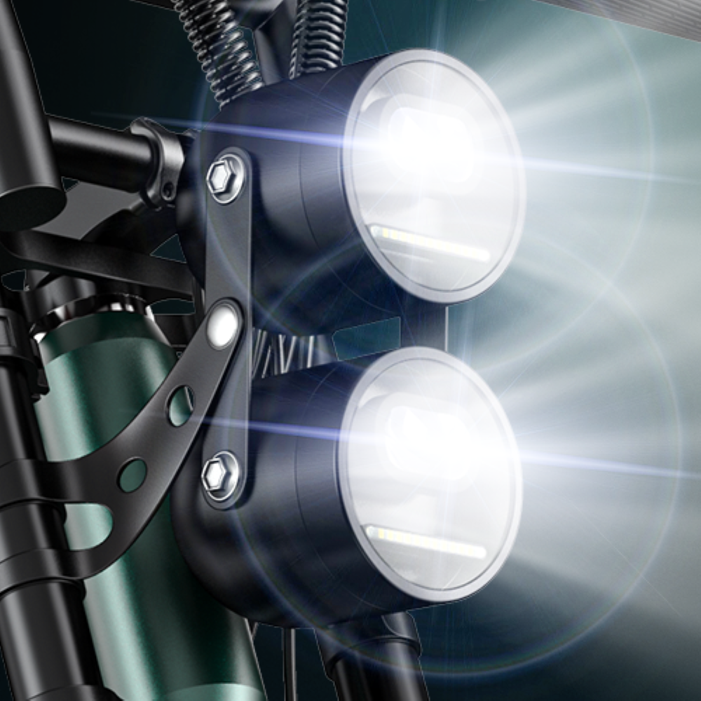 Dos faros redondos brillan intensamente en una motocicleta.
