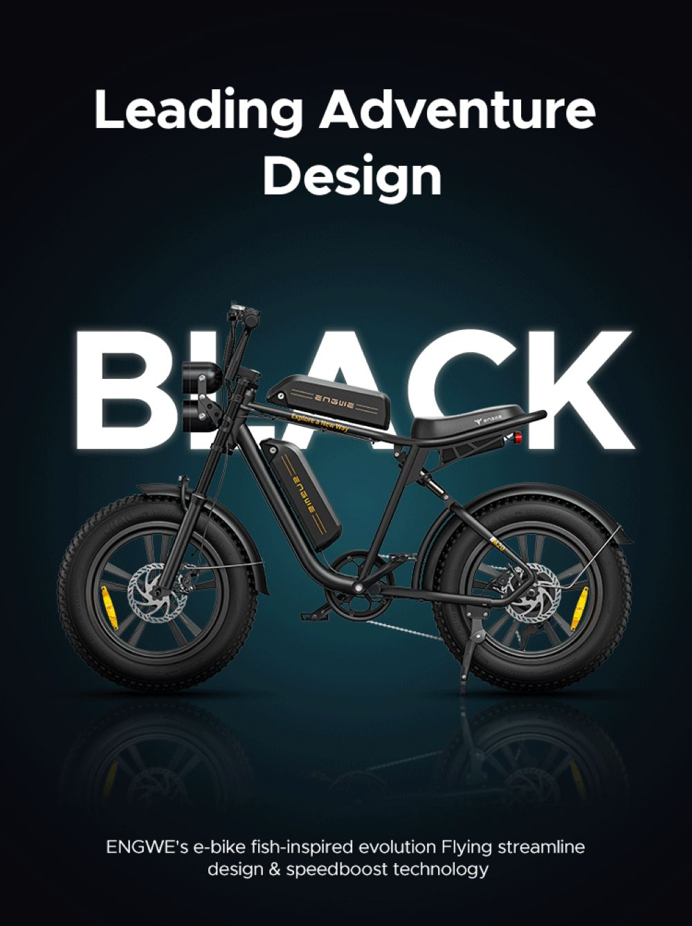 Una e-bike negra con ruedas anchas y dos baterías.