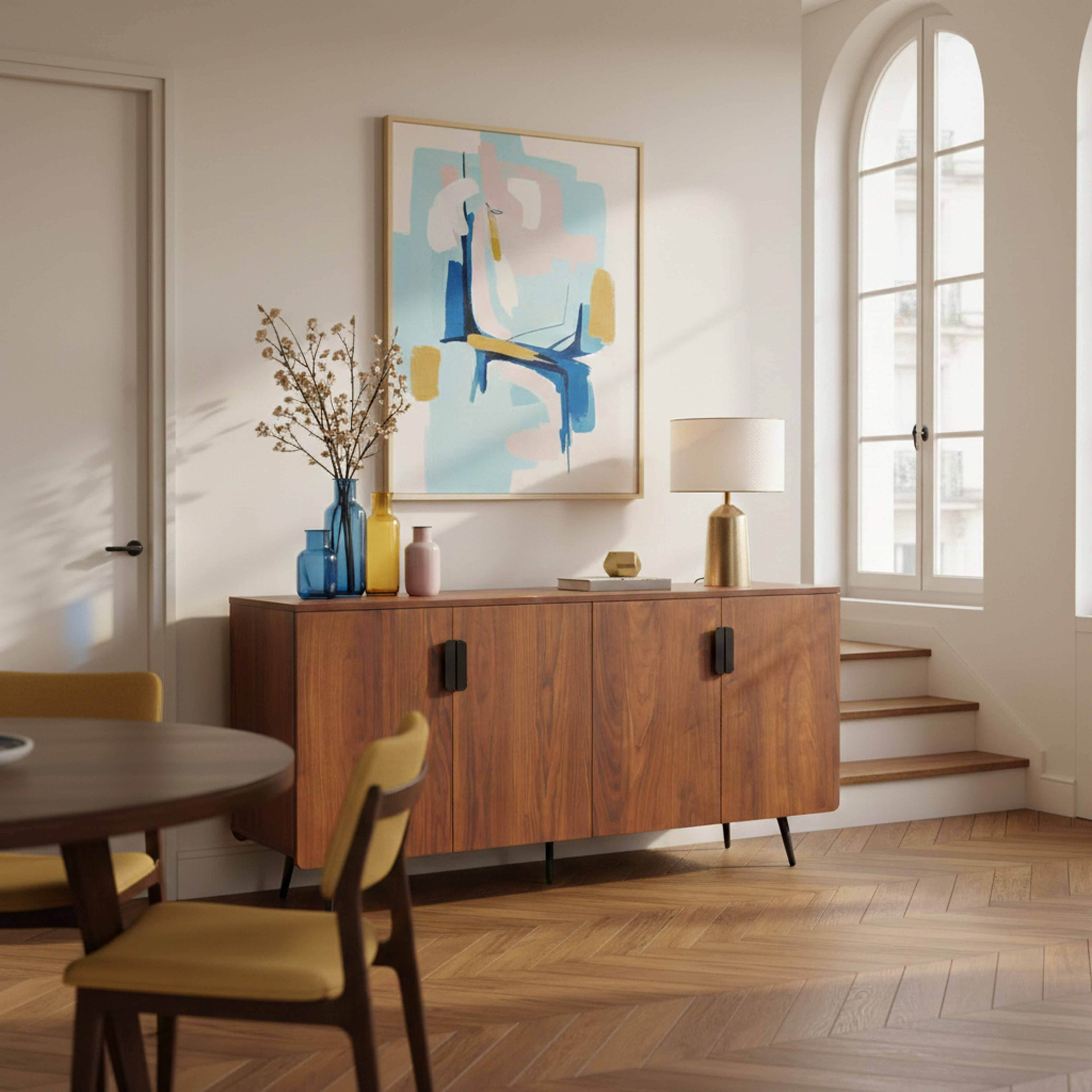 Ein Mid-Century-Buffet mit Holzakzenten, Kunstwerk und Lampe.