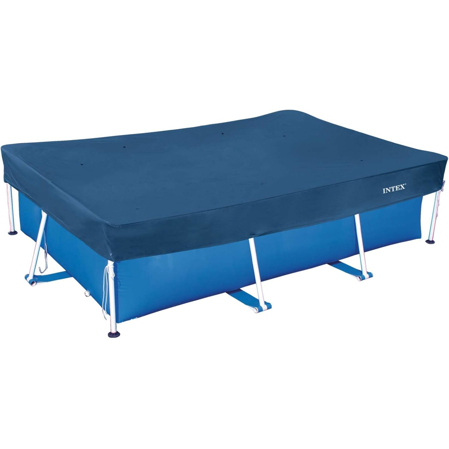 Ein blaues rechteckiges Planschbecken mit einer dunkleren blauen Abdeckung, das auf weißen Metallbeinen steht.