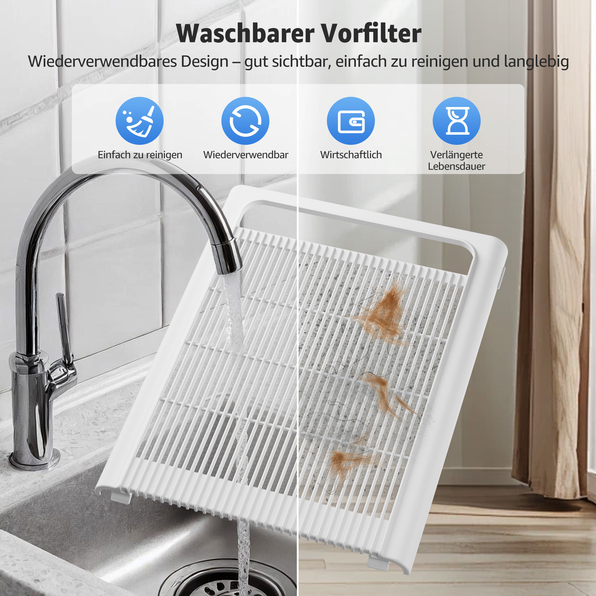 Ein weißer Vorfilter wird unter fließendem Wasser gereinigt und zeigt dann Haare.