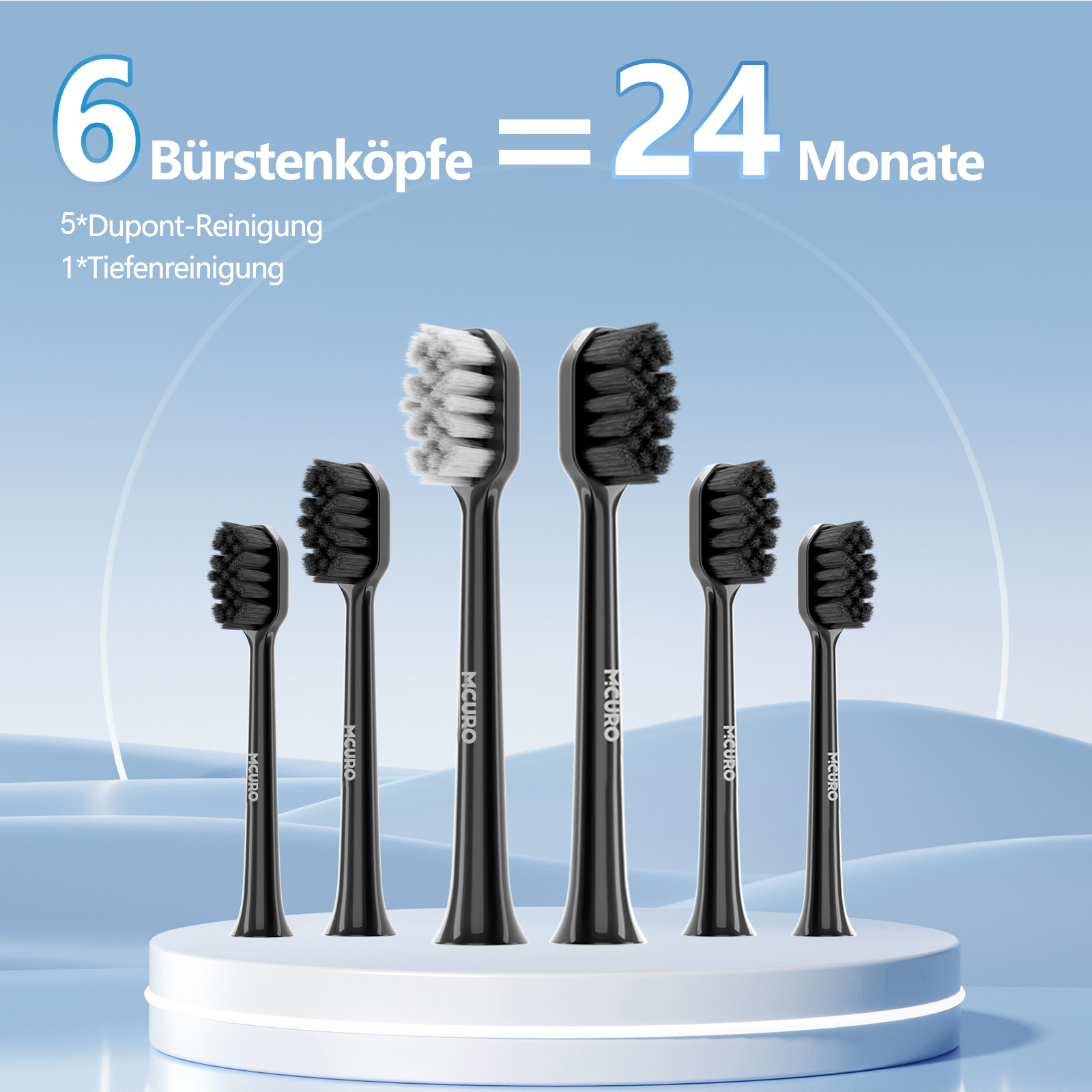 Sechs MCURO Zahnbürstenköpfe, davon 1x Tiefenreinigung, 5x Dupont-Reinigung.