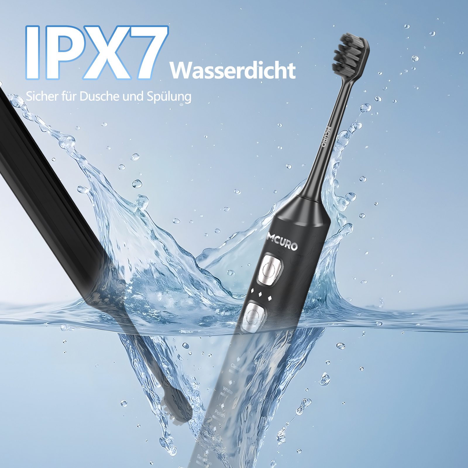 Schwarze elektrische Zahnbürste spritzt in Wasser, IPX7 wasserdicht.