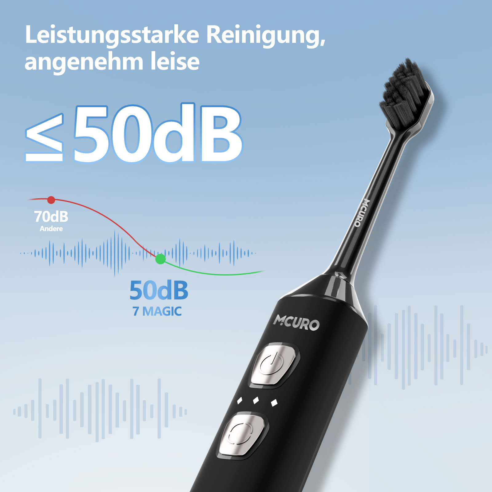 Schwarze Schallzahnbürste mit silbernen Knöpfen, leiser als 50dB.