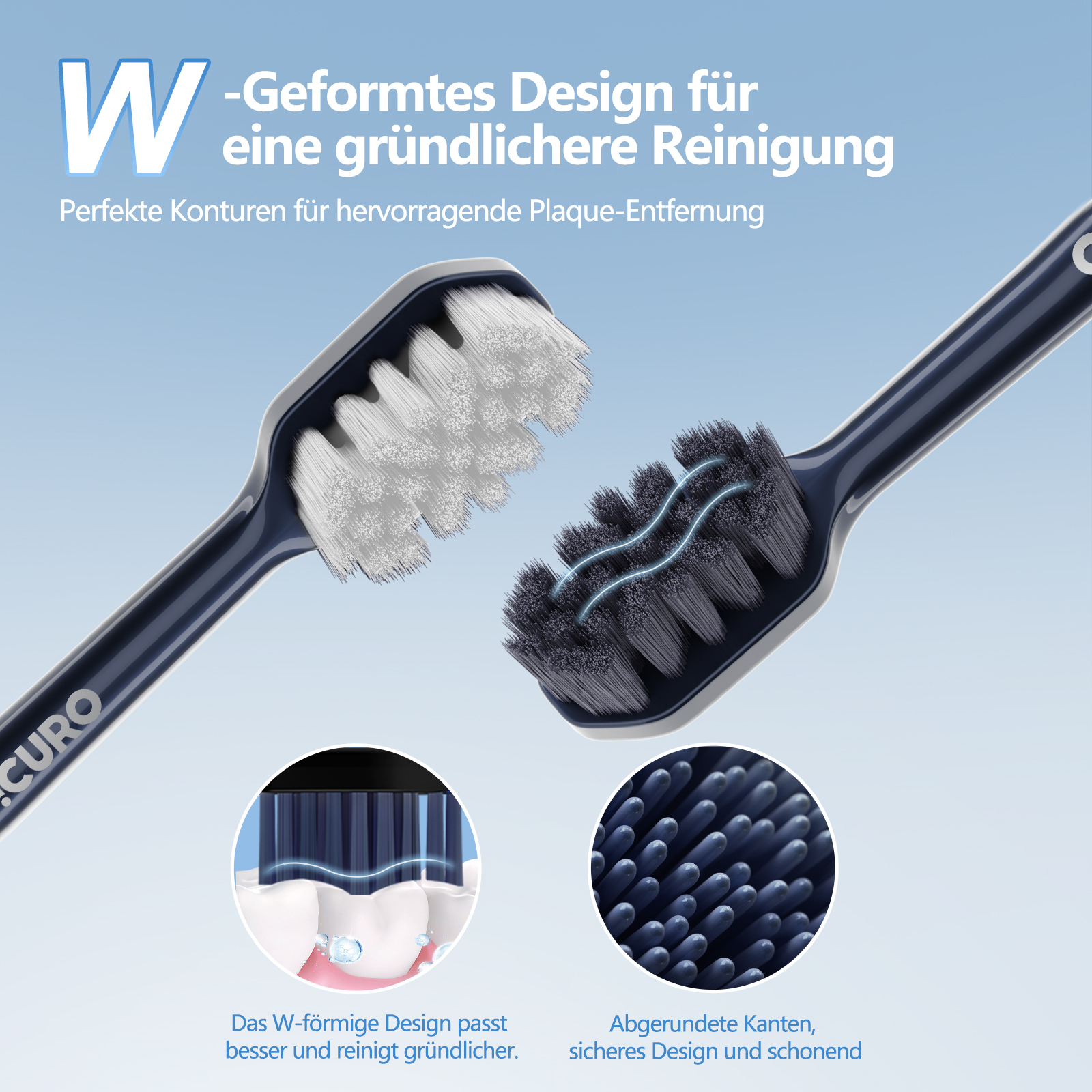 Zwei Zahnbürstenköpfe, einer weiß, einer schwarz, mit Details zur Reinigungswirkung.