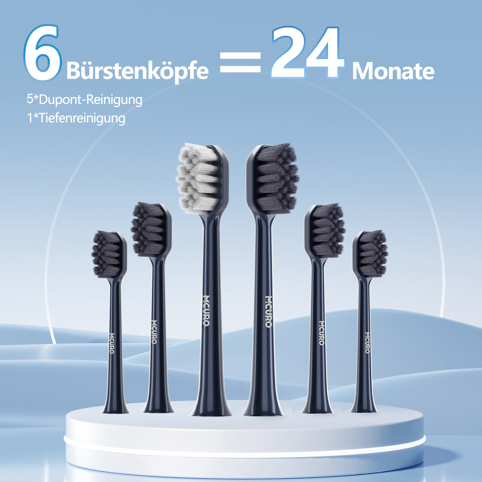 Sechs Bürstenköpfe für 24 Monate, 5 Dupont, 1 Tiefenreinigung.