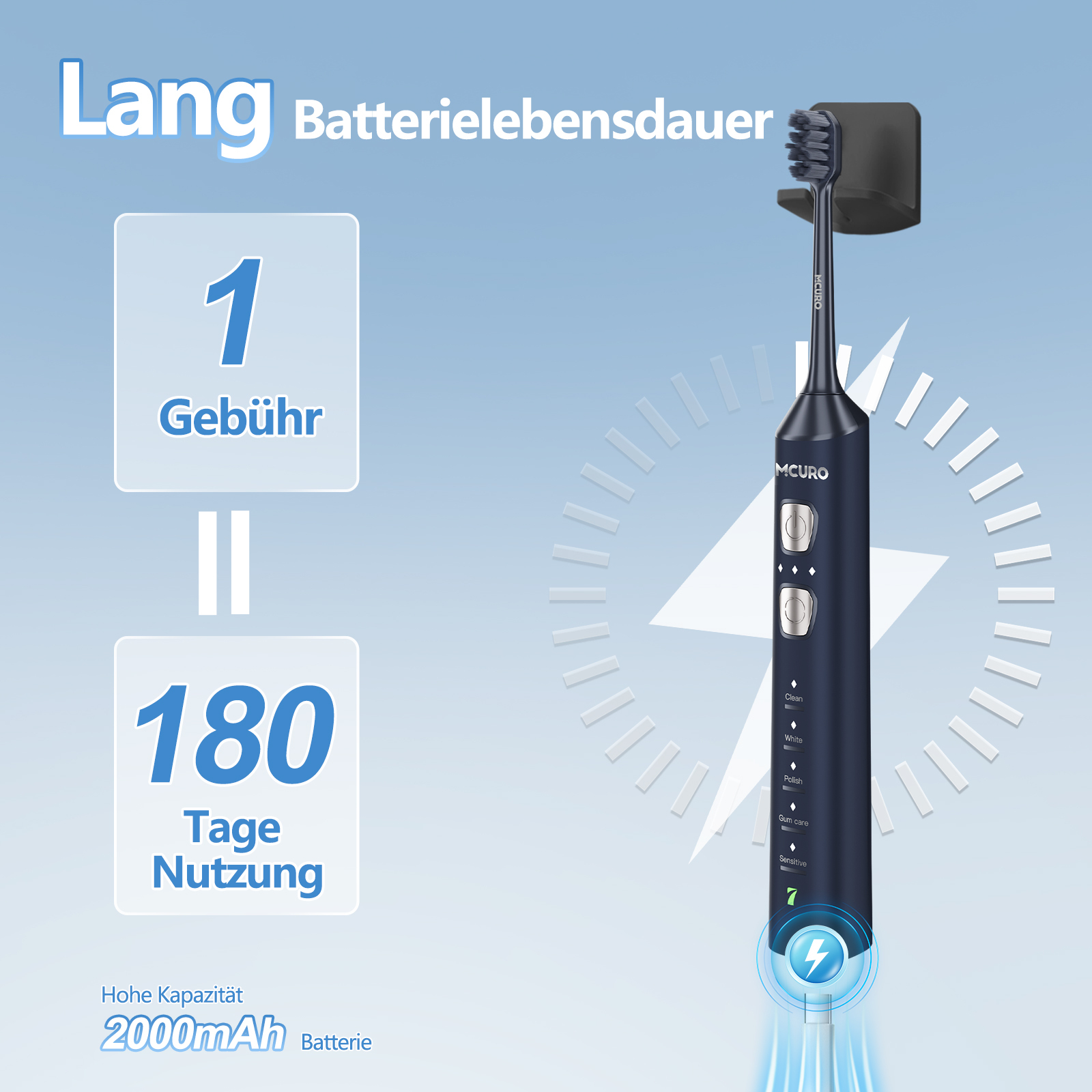 Dunkelblaue Zahnbürste mit Ladeanzeige, 1 Ladung für 180 Tage Nutzung.