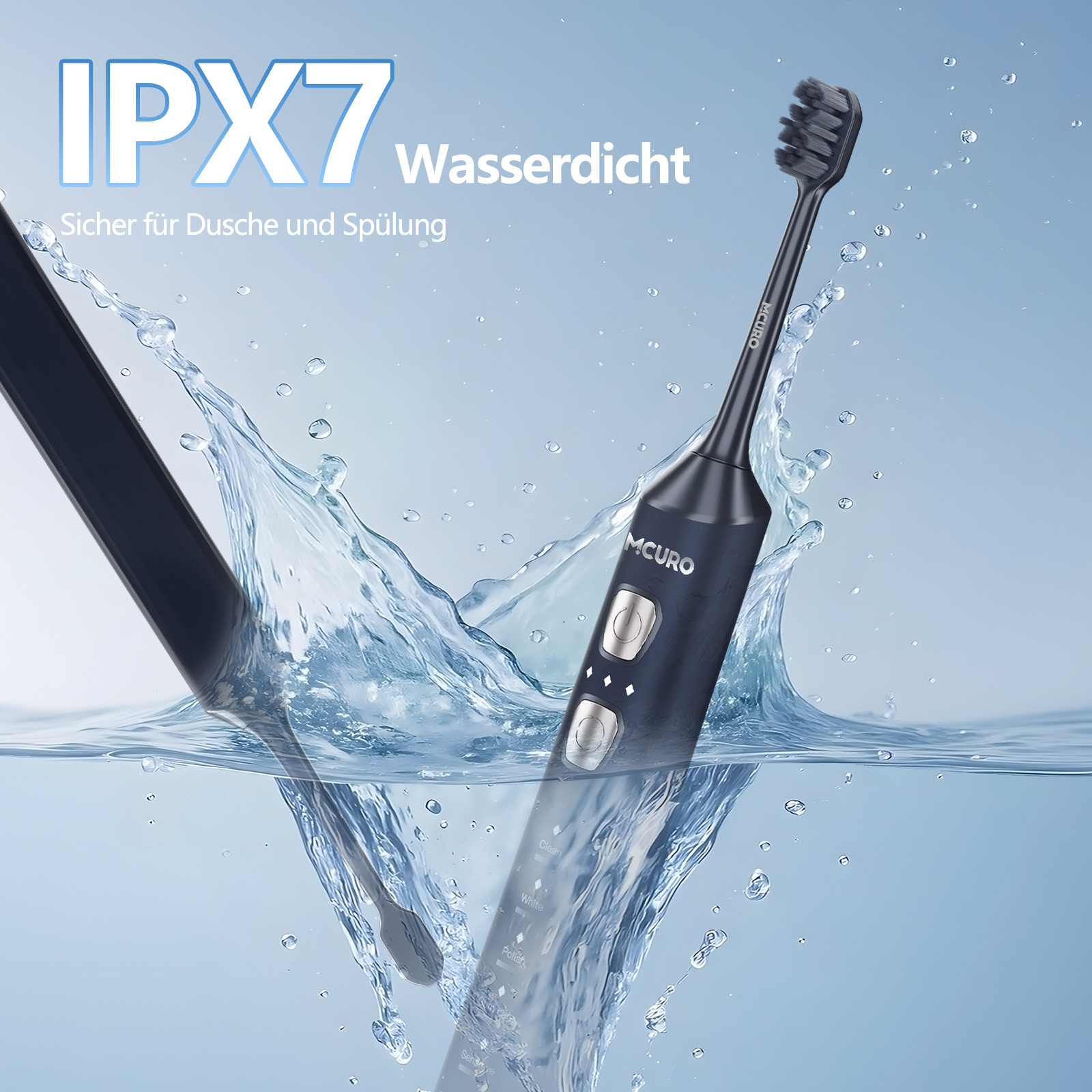 Eine dunkle elektrische Zahnbürste taucht in Wasser, welches spritzt. IPX7 Wasserdicht.