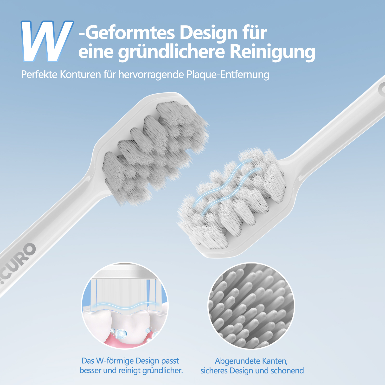 Nahaufnahme von zwei Zahnbürstenköpfen mit W-förmigem Design und Borsten.