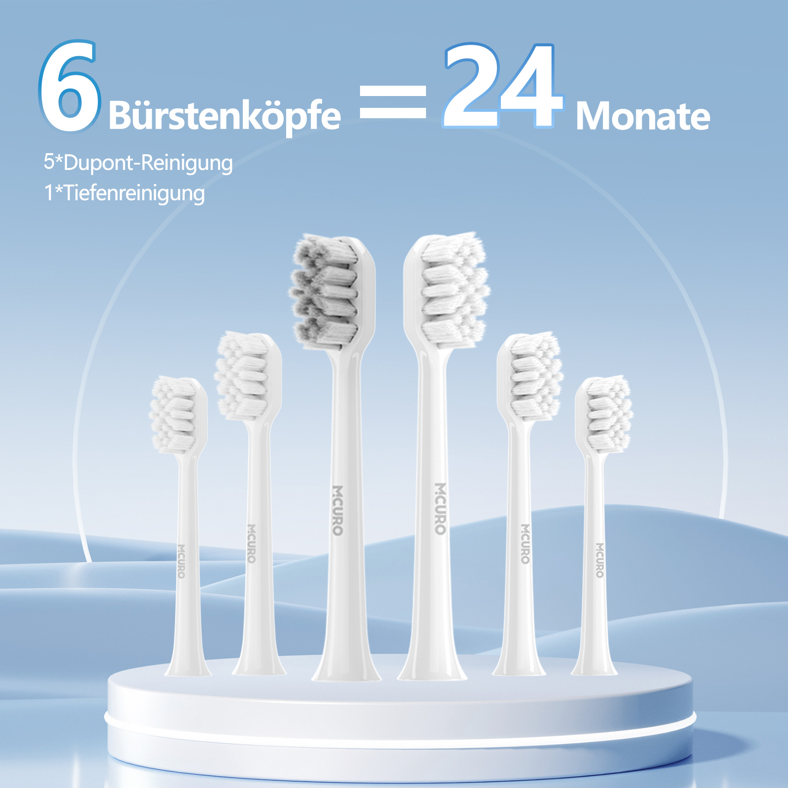 Sechs Bürstenköpfe für 24 Monate, 5x Dupont-Reinigung, 1x Tiefenreinigung.