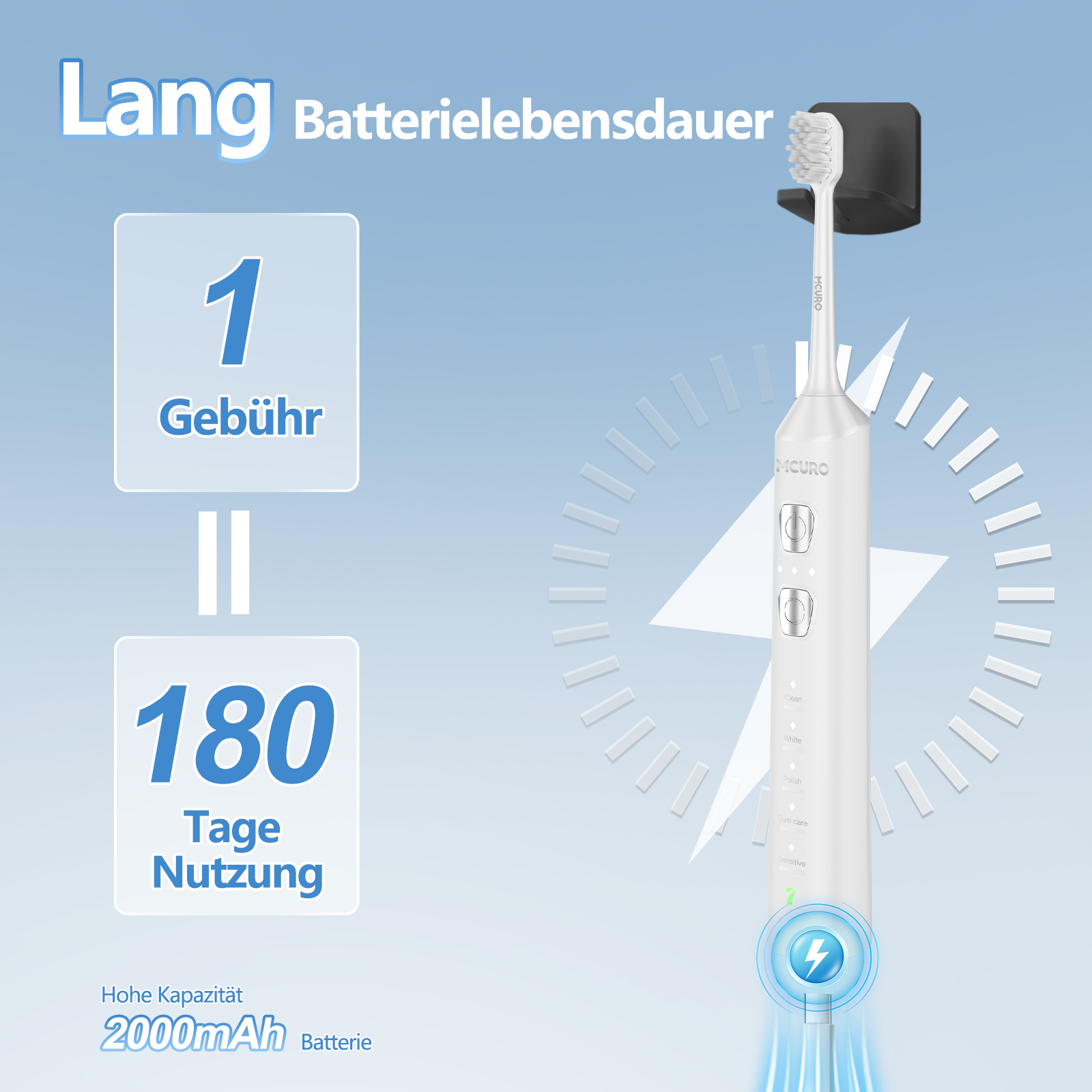 Elektrische Zahnbürste mit langer Akkulaufzeit: 1 Ladung für 180 Tage.