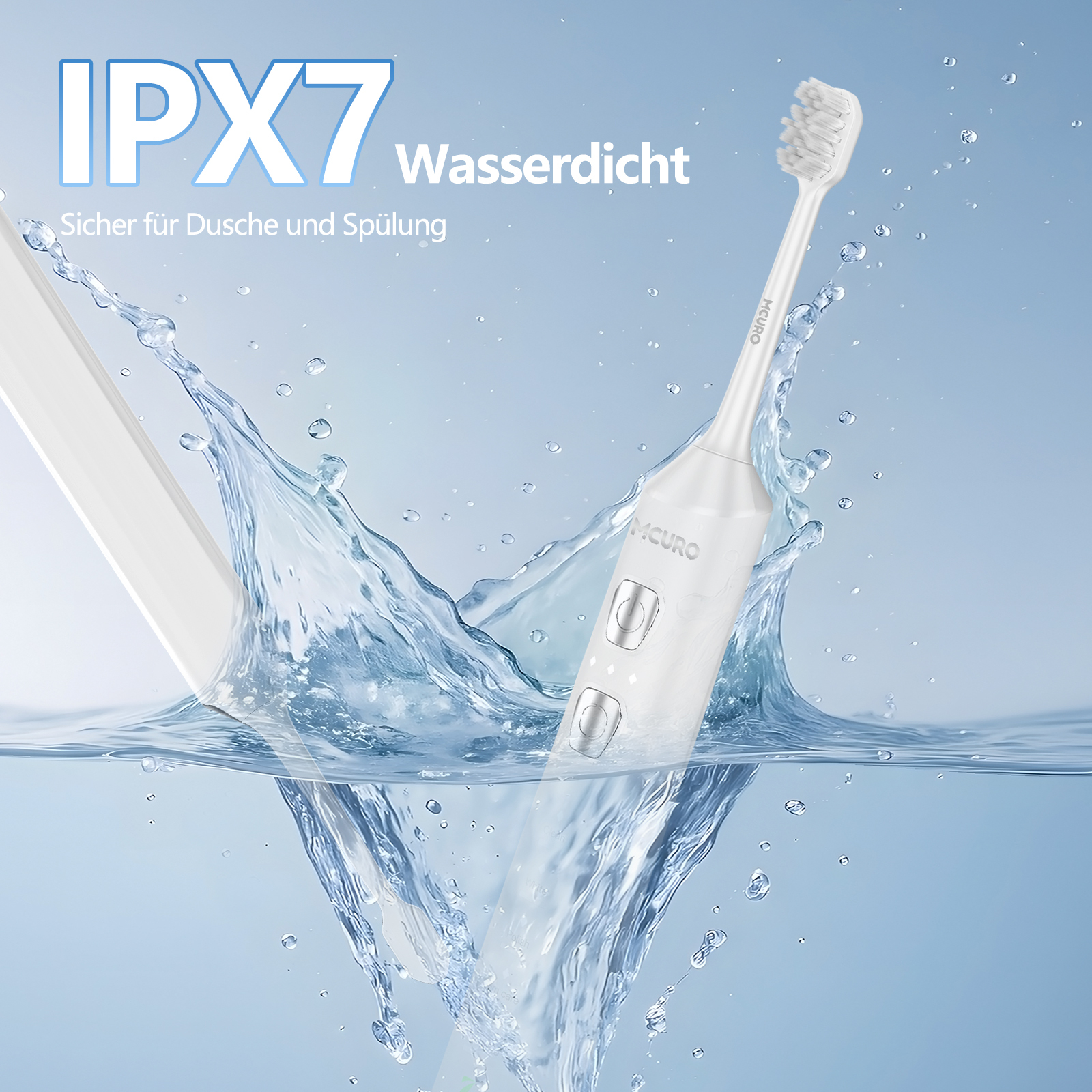 Eine weiße elektrische Zahnbürste taucht in Wasser, mit der Aufschrift IPX7 Wasserdicht.