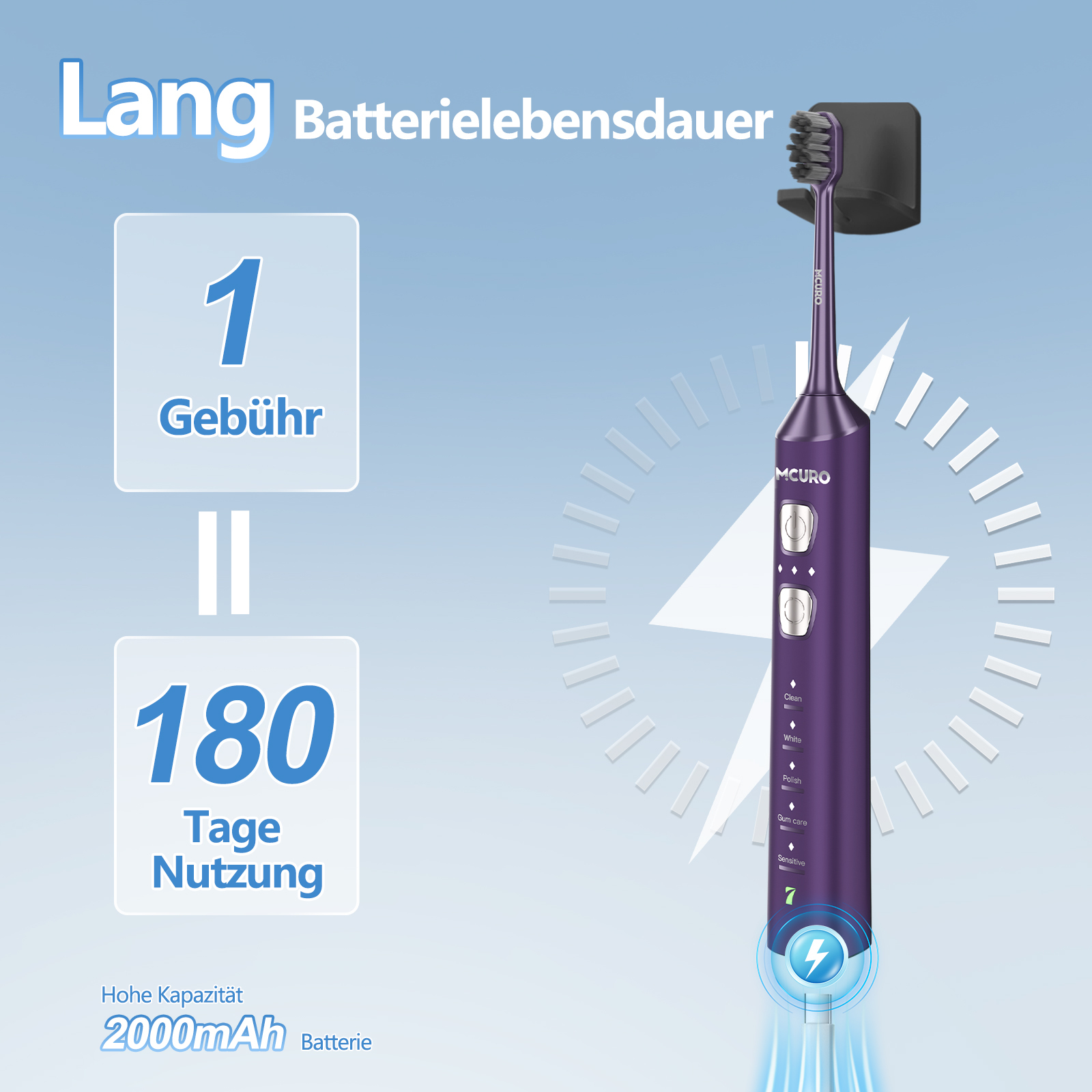 Lange Batterielaufzeit: 1 Aufladung für 180 Tage Nutzung.
