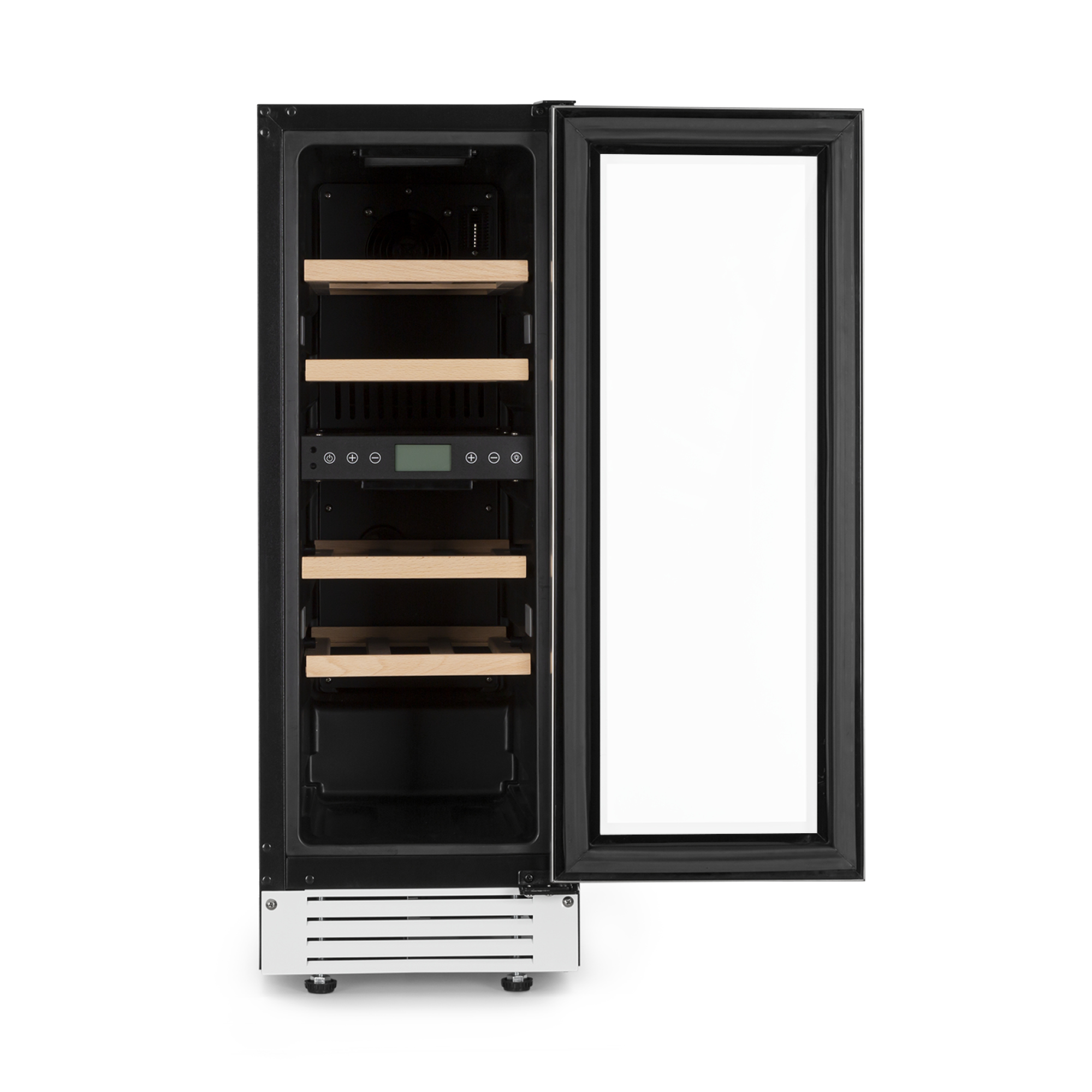 Cantinetta vino nera aperta con ripiani in legno e display digitale.