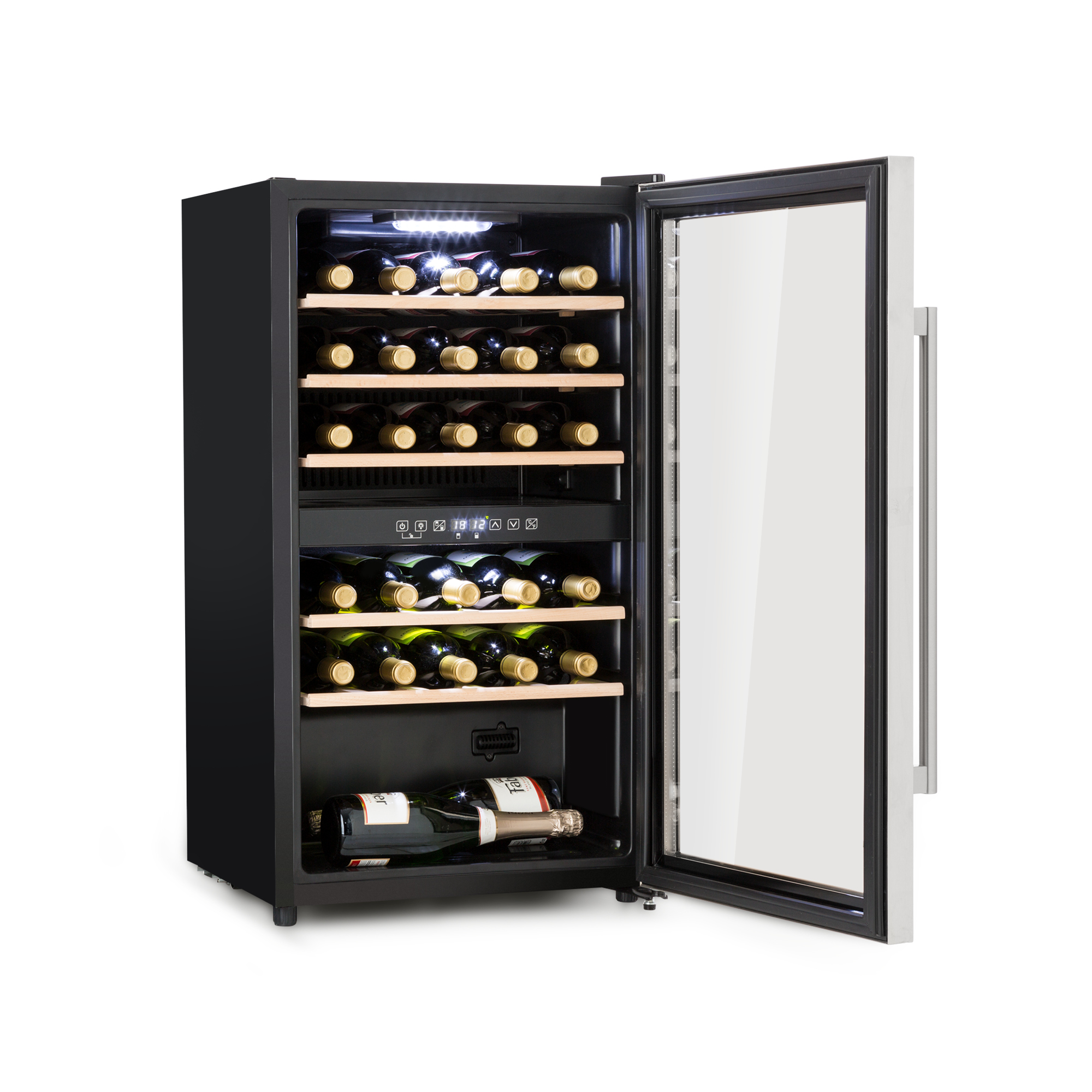 Una cantinetta nera con porta in vetro, piena di bottiglie di vino.