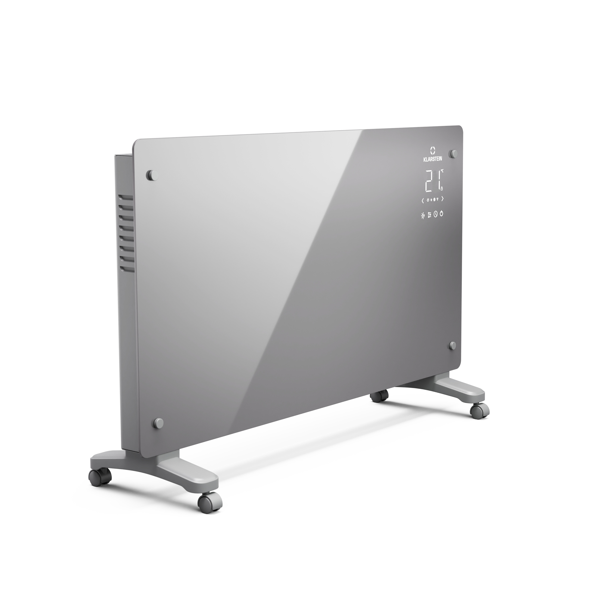 Un moderno riscaldatore grigio su ruote con display digitale che mostra 21 gradi.