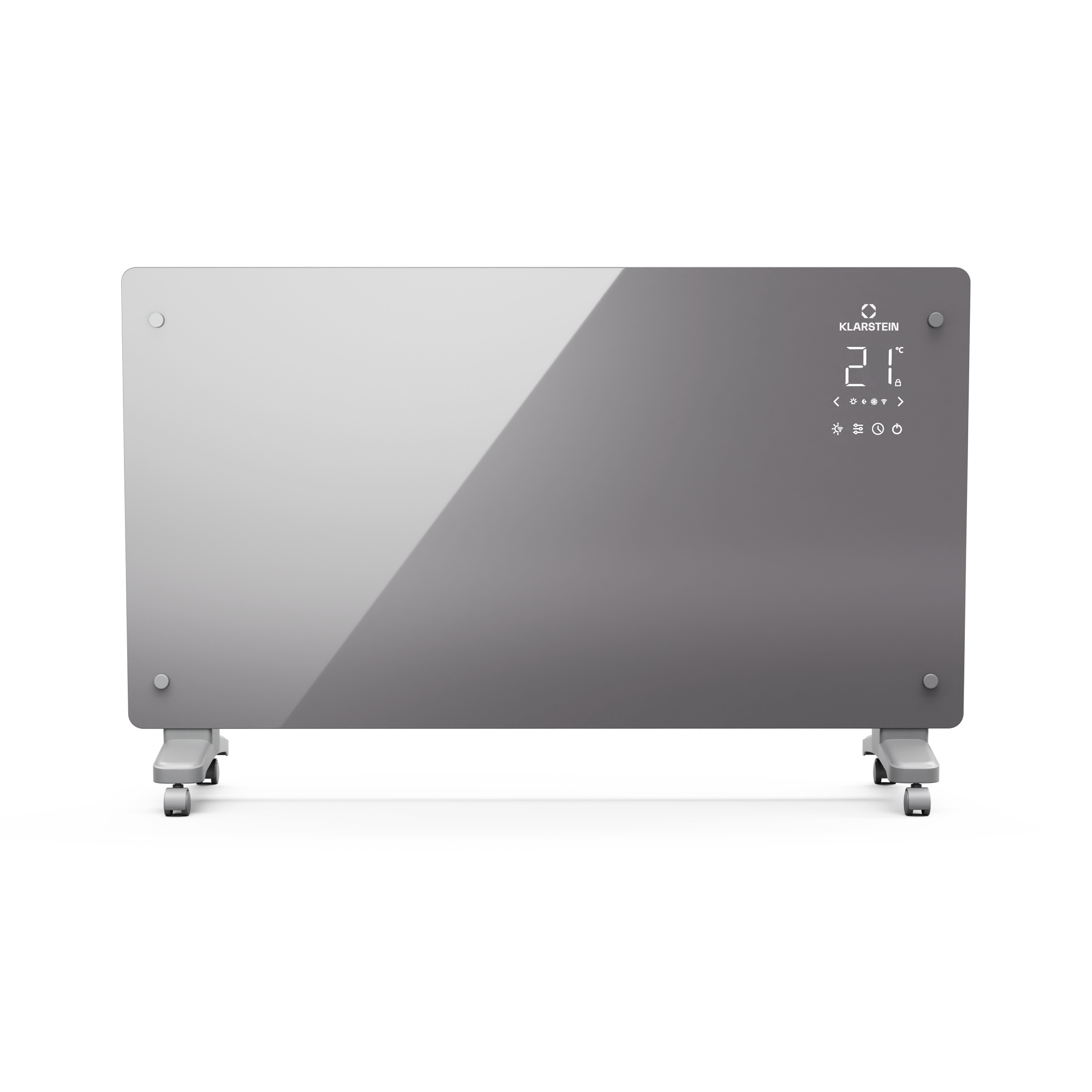 Un moderno radiatore grigio con ruote e display digitale di 21 gradi.
