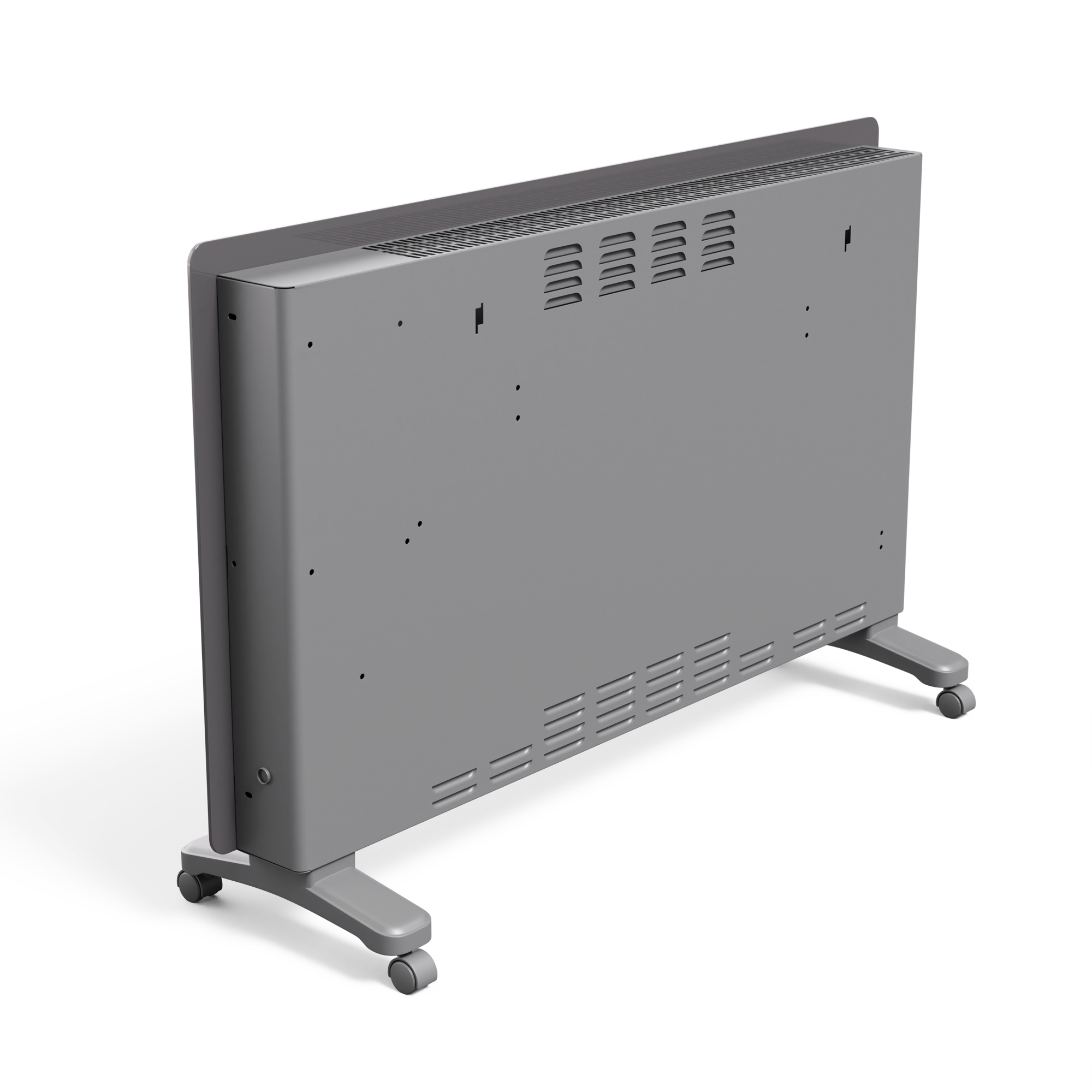 Riscaldatore elettrico grigio con ruote e fessure di ventilazione.