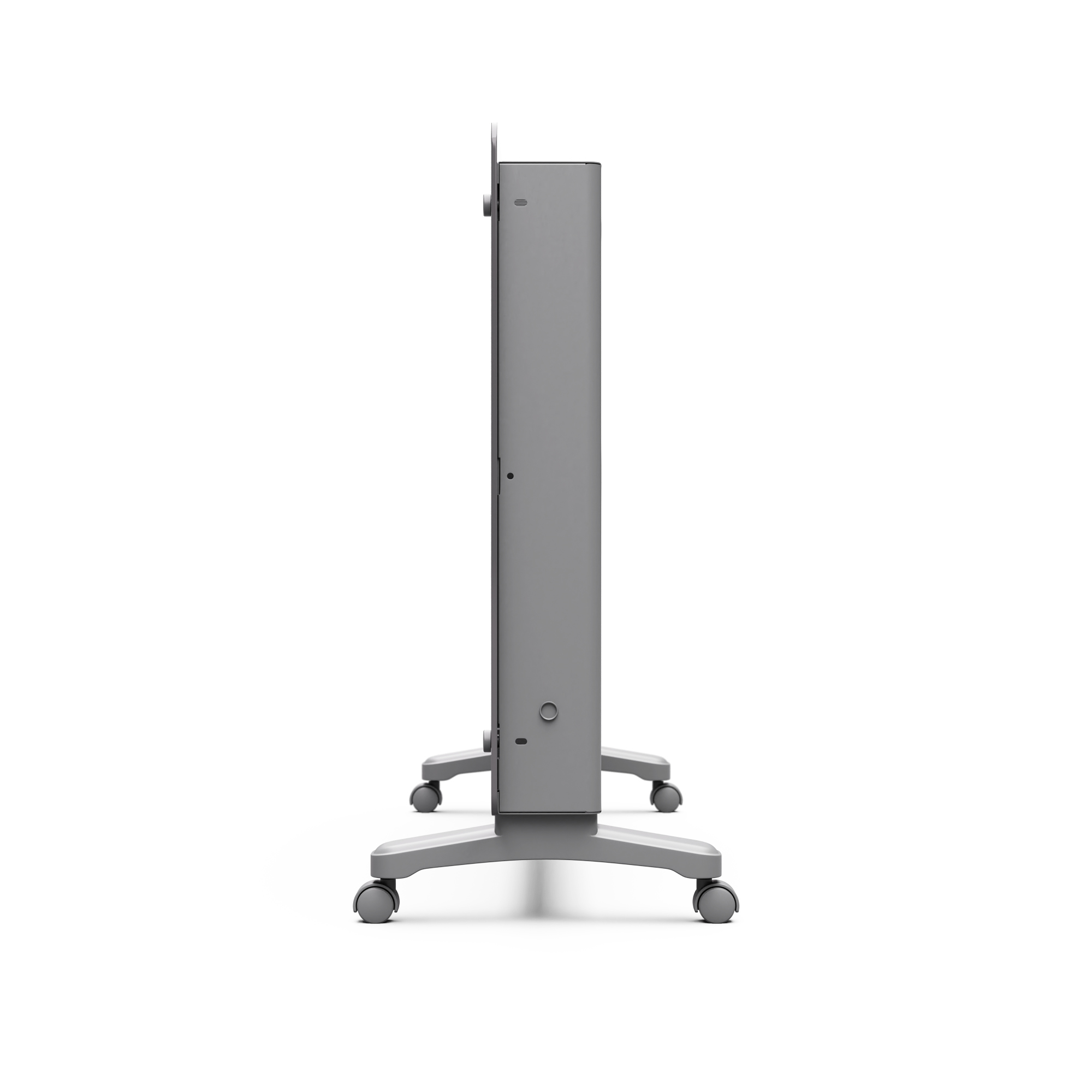 Supporto monitor grigio con ruote, visto di lato.
