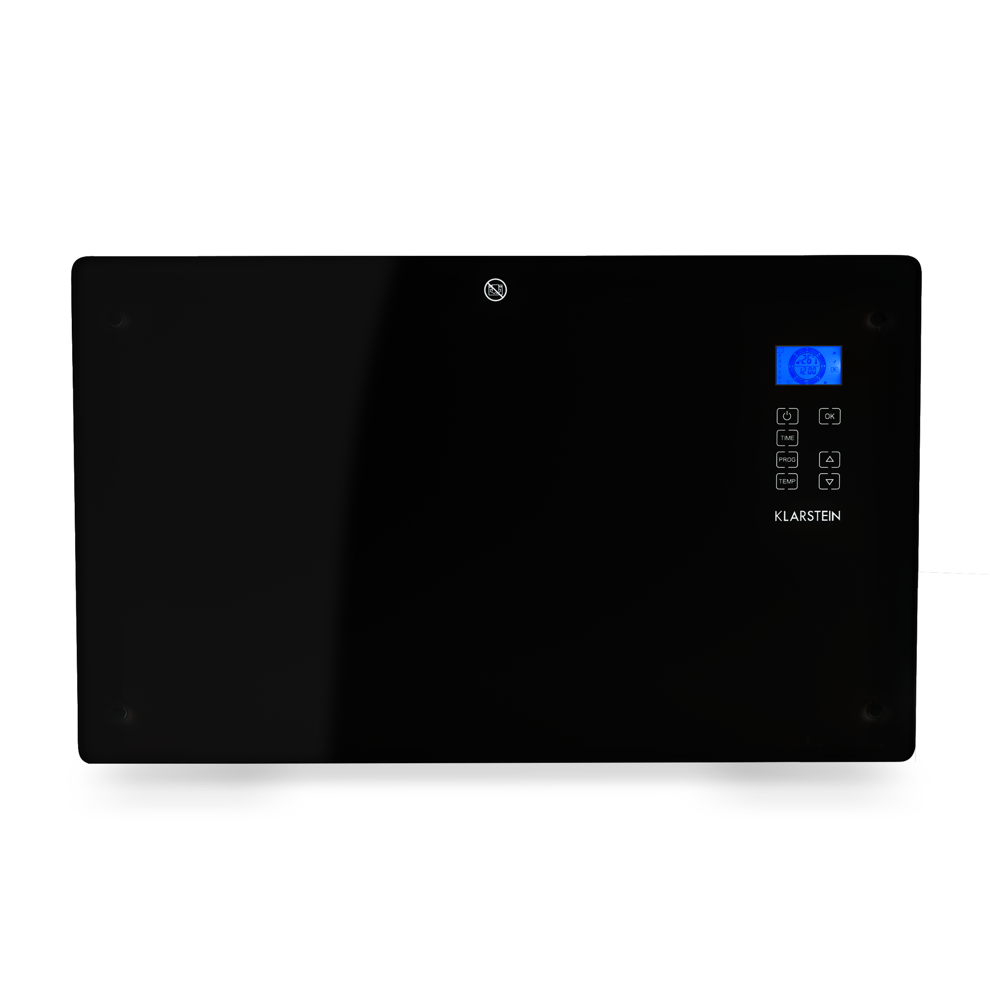 Calentador negro con pantalla LCD azul y botones de control.