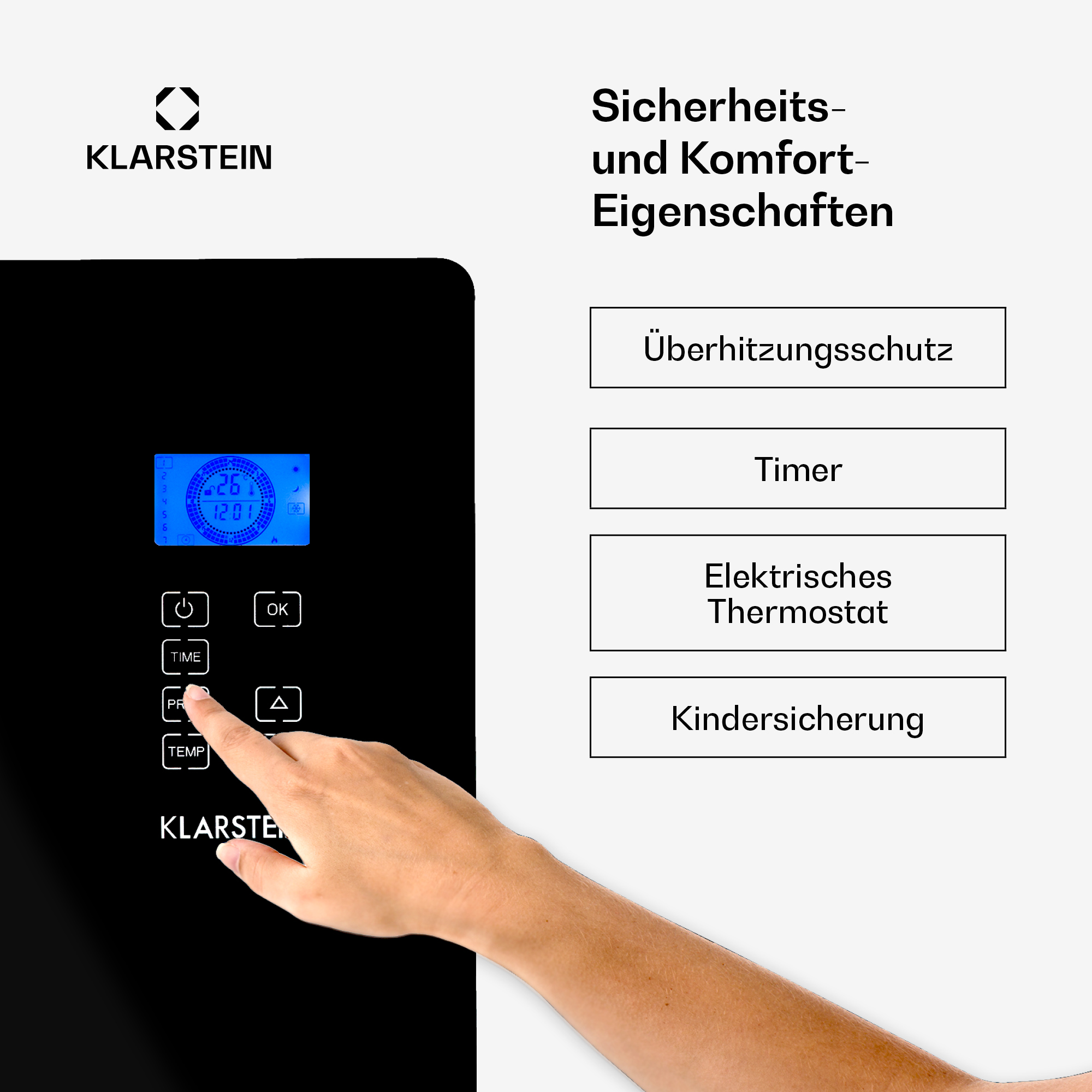 Una mano presiona los controles de un dispositivo Klarstein con pantalla digital.