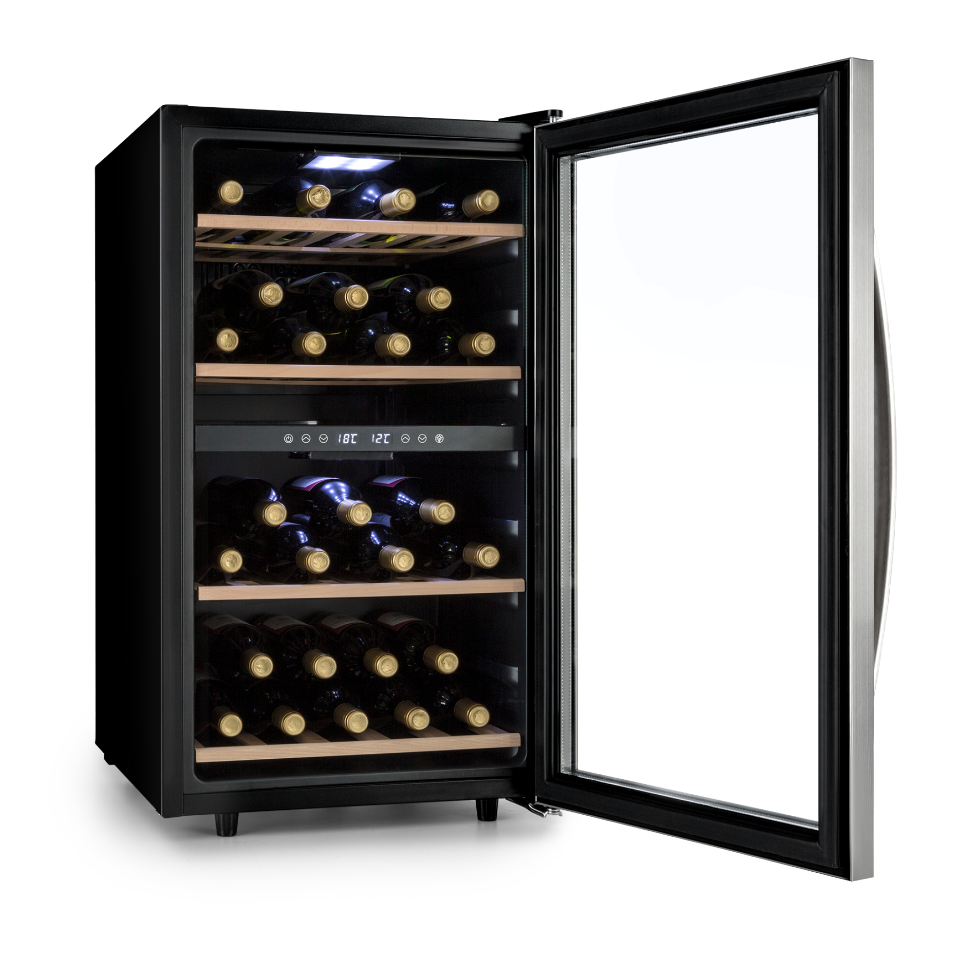 Ein schwarzer Weinkühlschrank mit Glastür, gefüllt mit dunklen Weinflaschen.