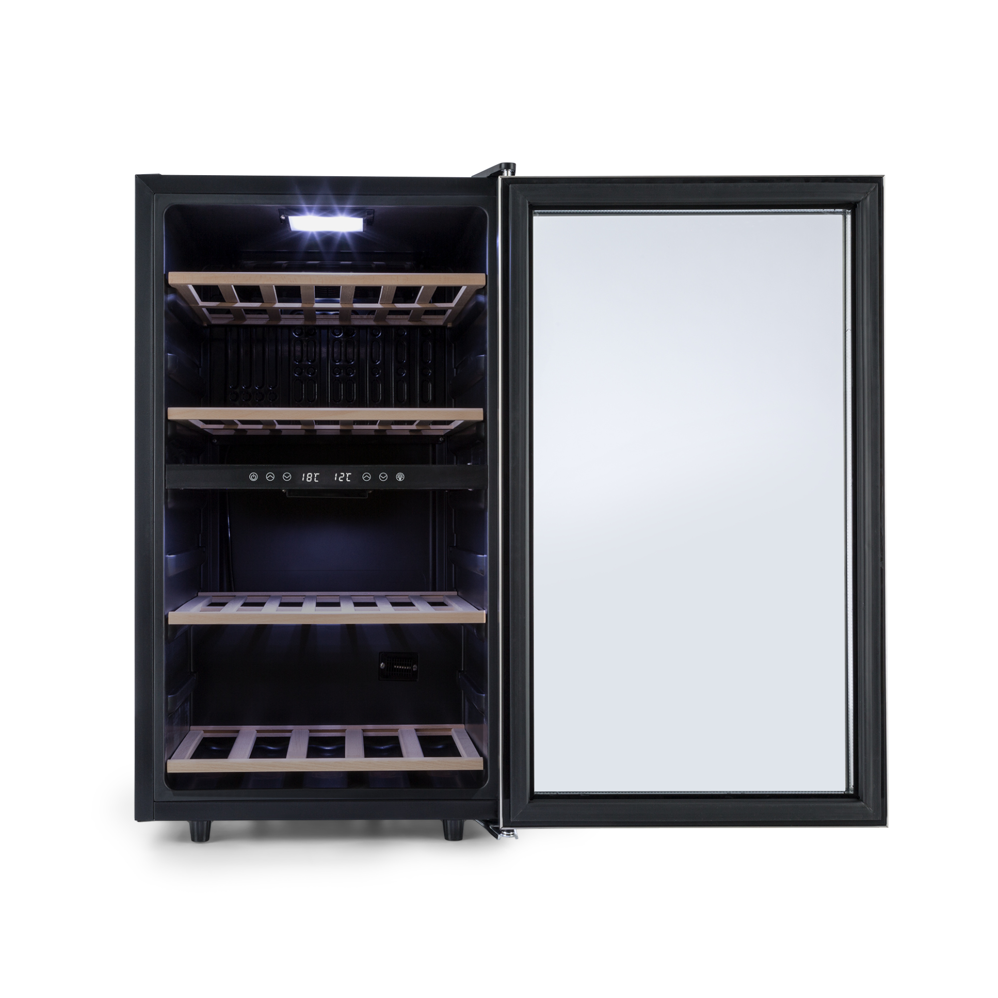 Schwarzer Weinkühlschrank mit offenem Glasdeckel, Holzböden und LED-Beleuchtung.