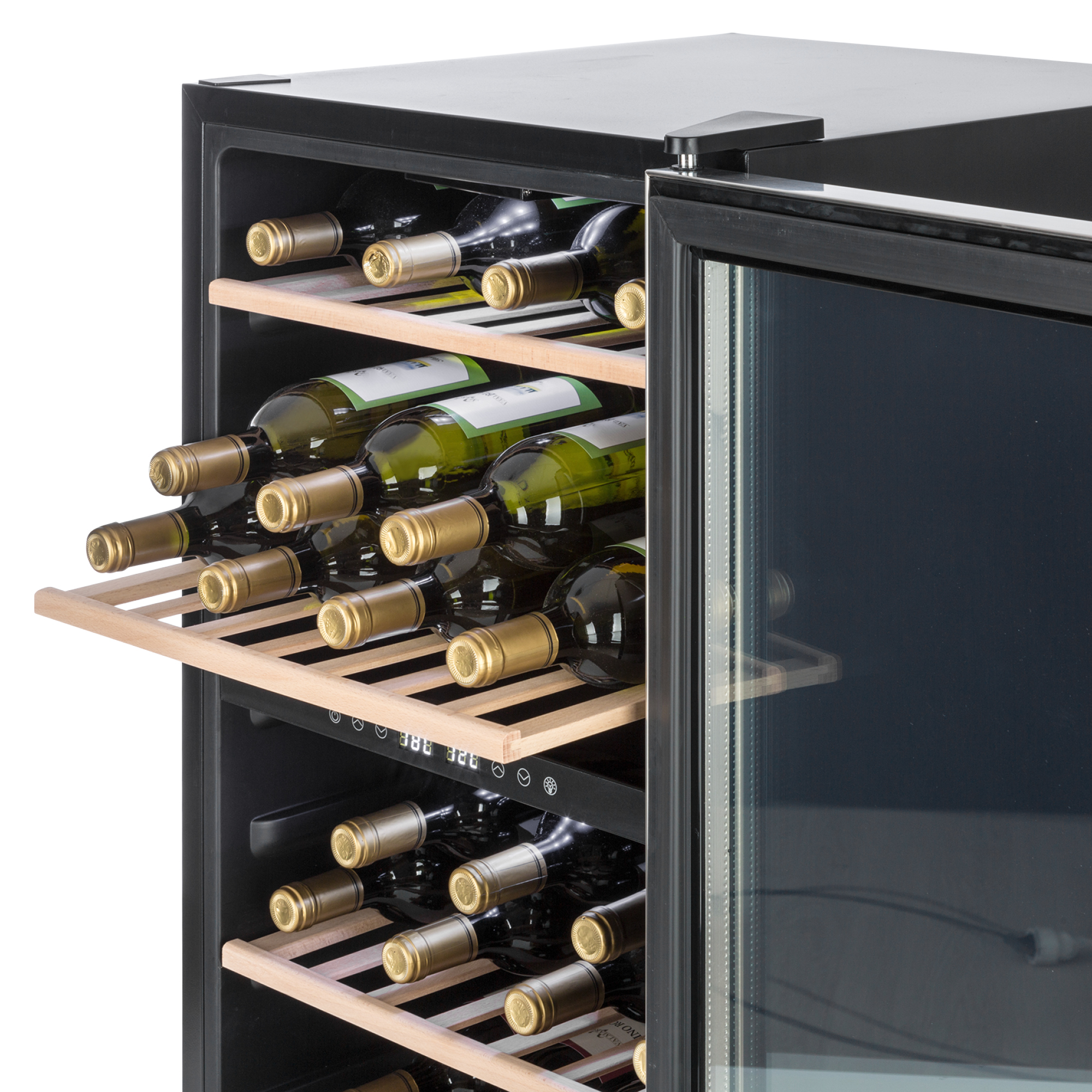 Ein moderner Weinkühlschrank mit Holzböden und mehreren Flaschen Wein.