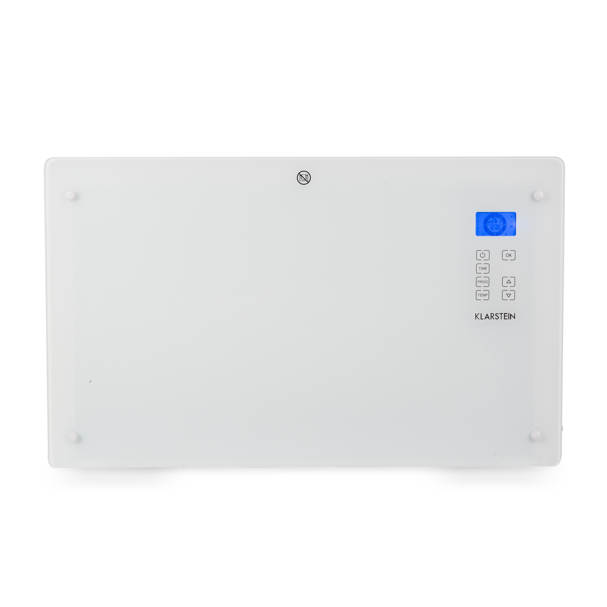 Un calefactor blanco con pantalla digital y botones de control.