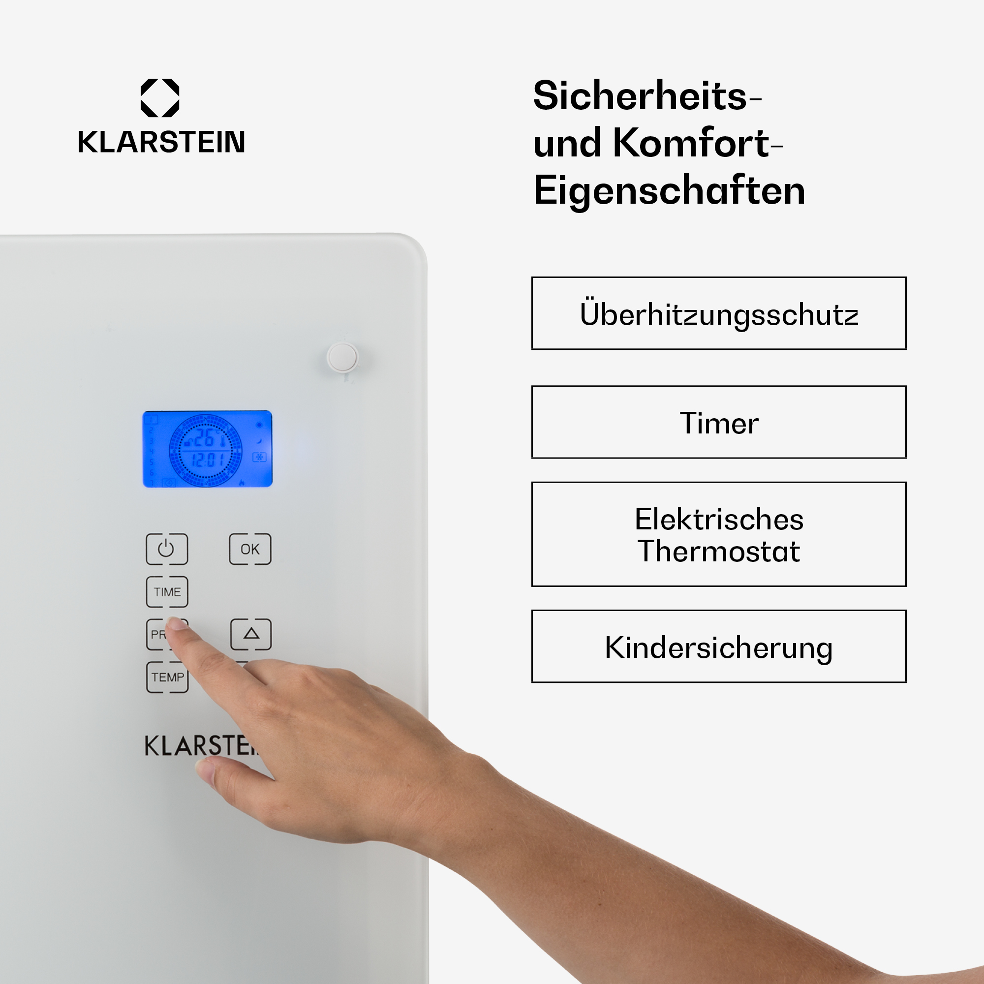 Una mano pulsa un botón en un calefactor Klarstein blanco con pantalla.