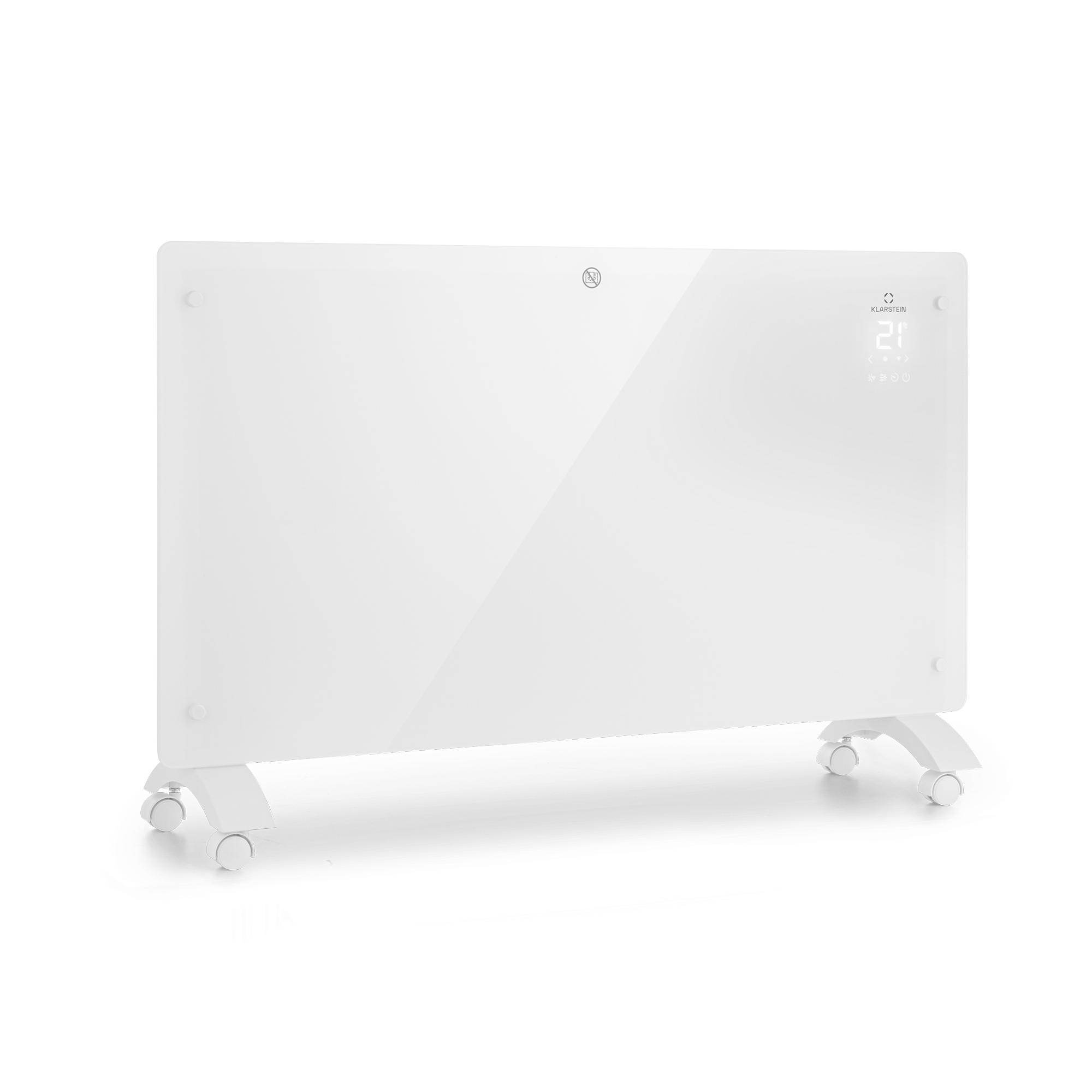 Un riscaldatore bianco con ruote e display digitale.