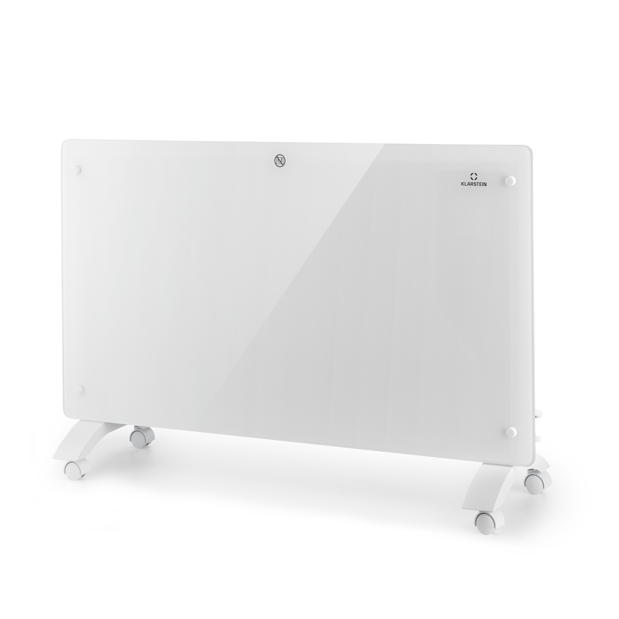 Un riscaldatore in vetro bianco con ruote e logo Klarstein.