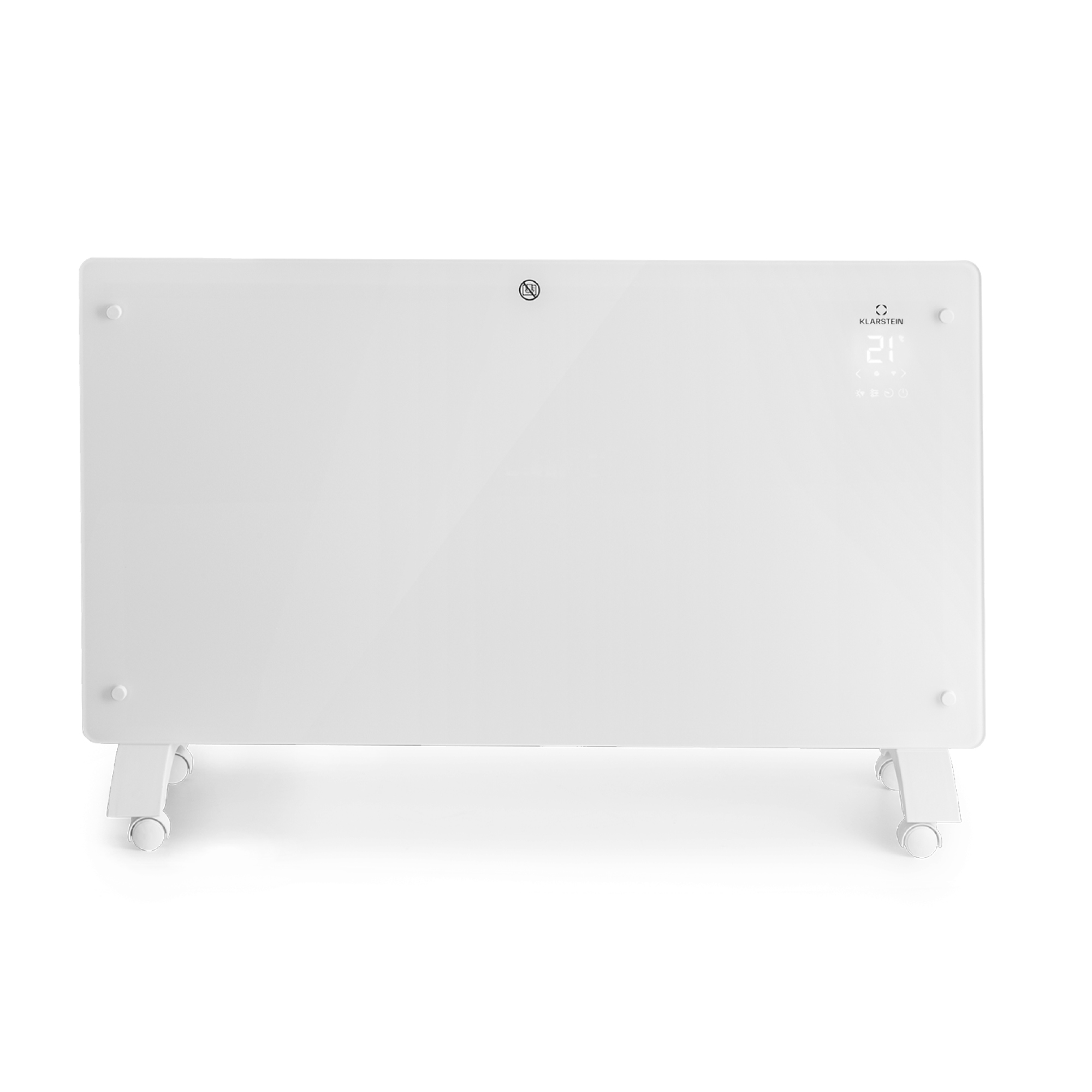 Un radiatore elettrico bianco con ruote e display digitale.