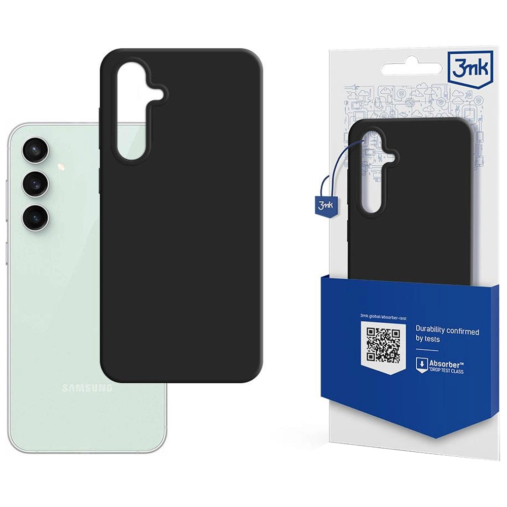 Una custodia nera per telefono accanto a uno smartphone verde chiaro. Confezione a destra.