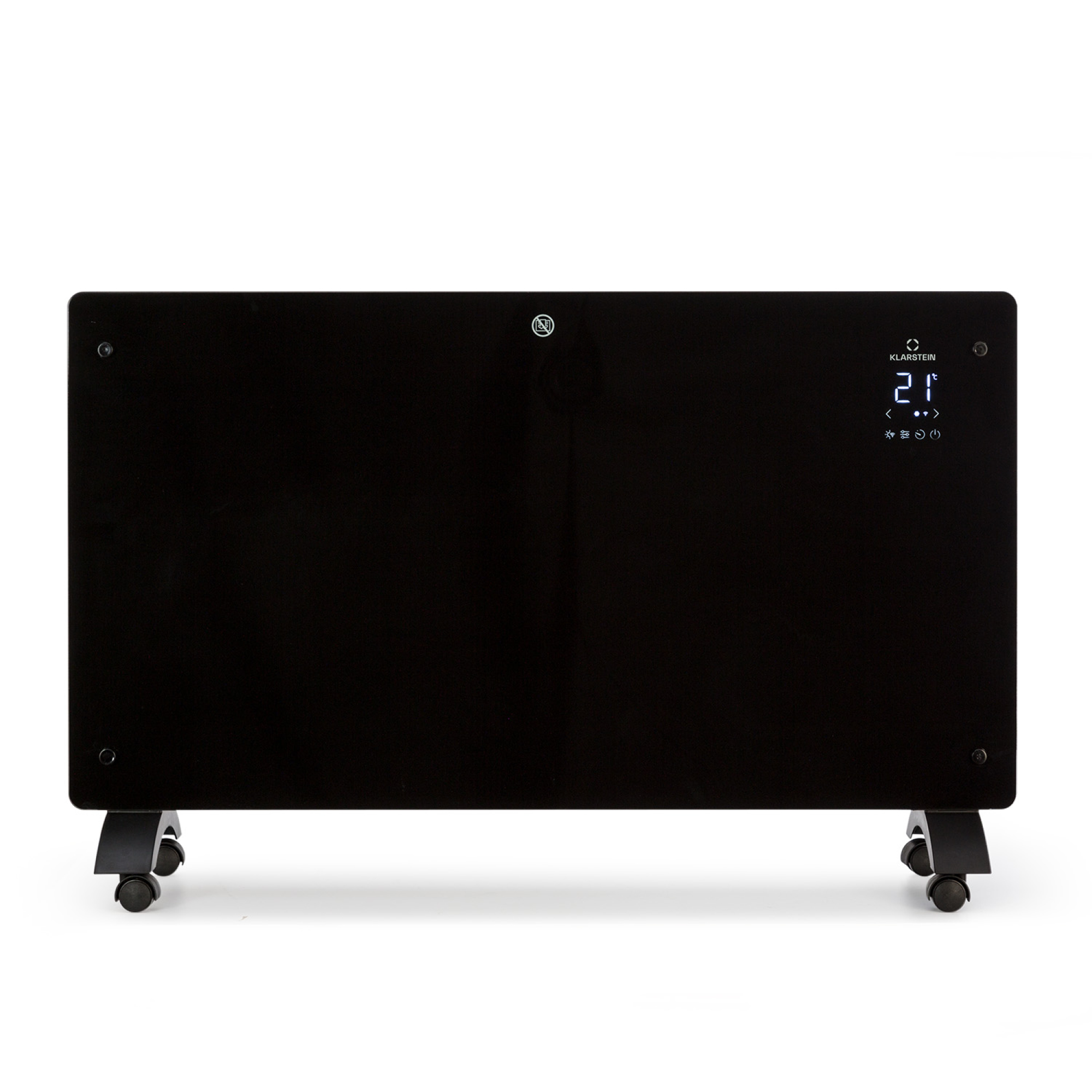 Un radiatore elettrico nero con ruote e display digitale della temperatura.