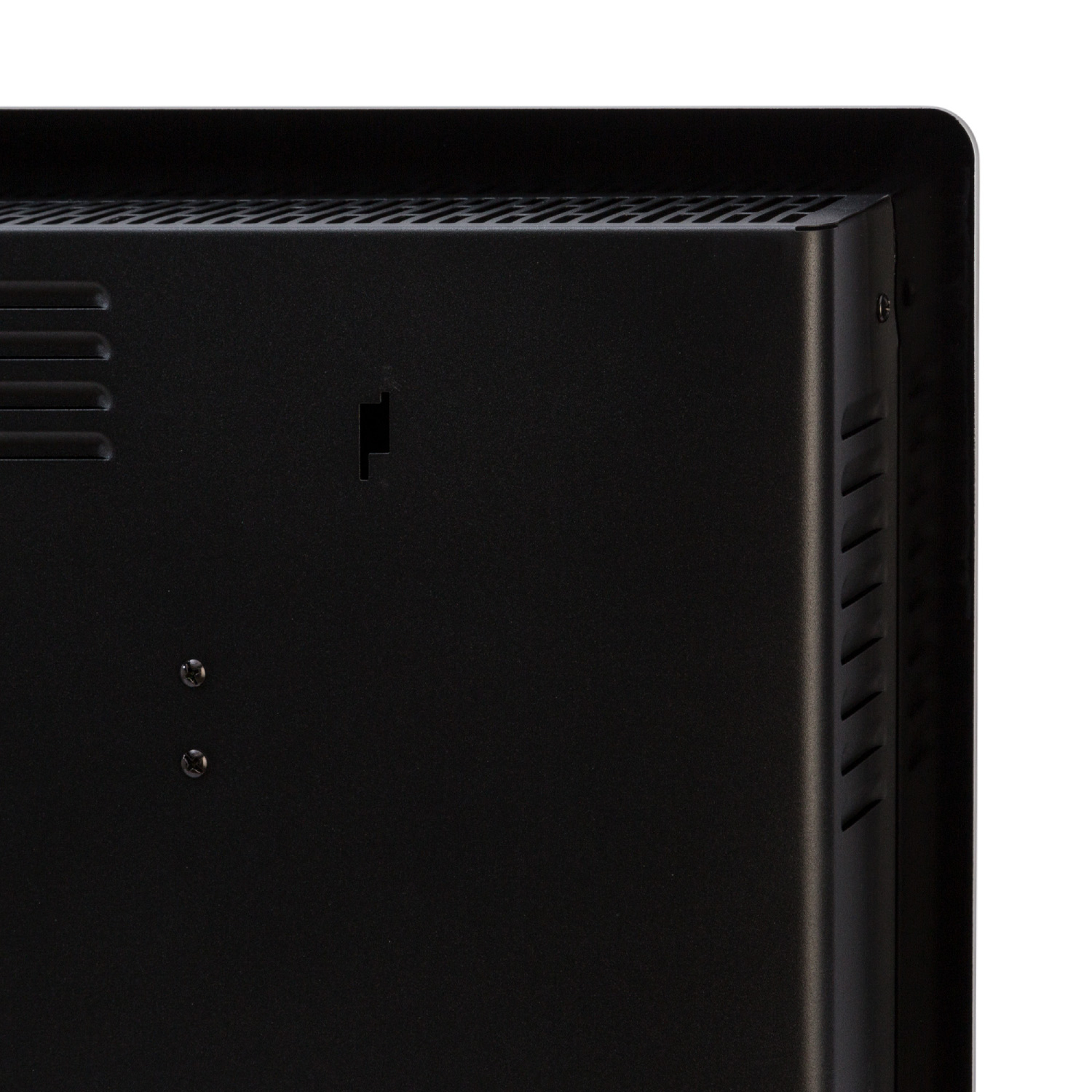 Retro di un dispositivo nero con fessure di ventilazione e viti.