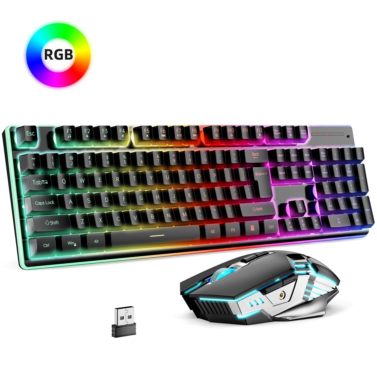 Una tastiera e un mouse RGB neri con ricevitore USB sono mostrati su sfondo bianco.
