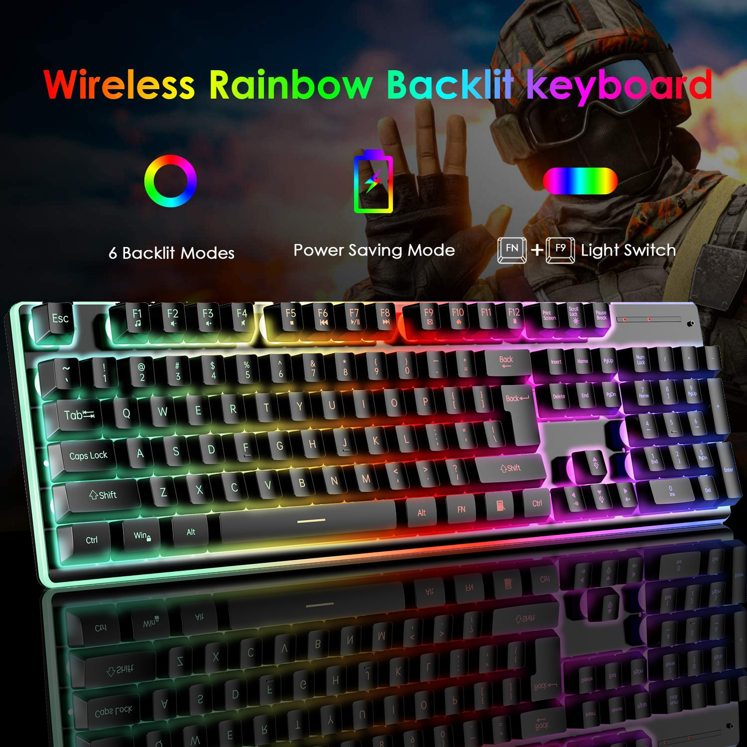 Tastiera wireless retroilluminata arcobaleno con 6 modalità e risparmio energetico.