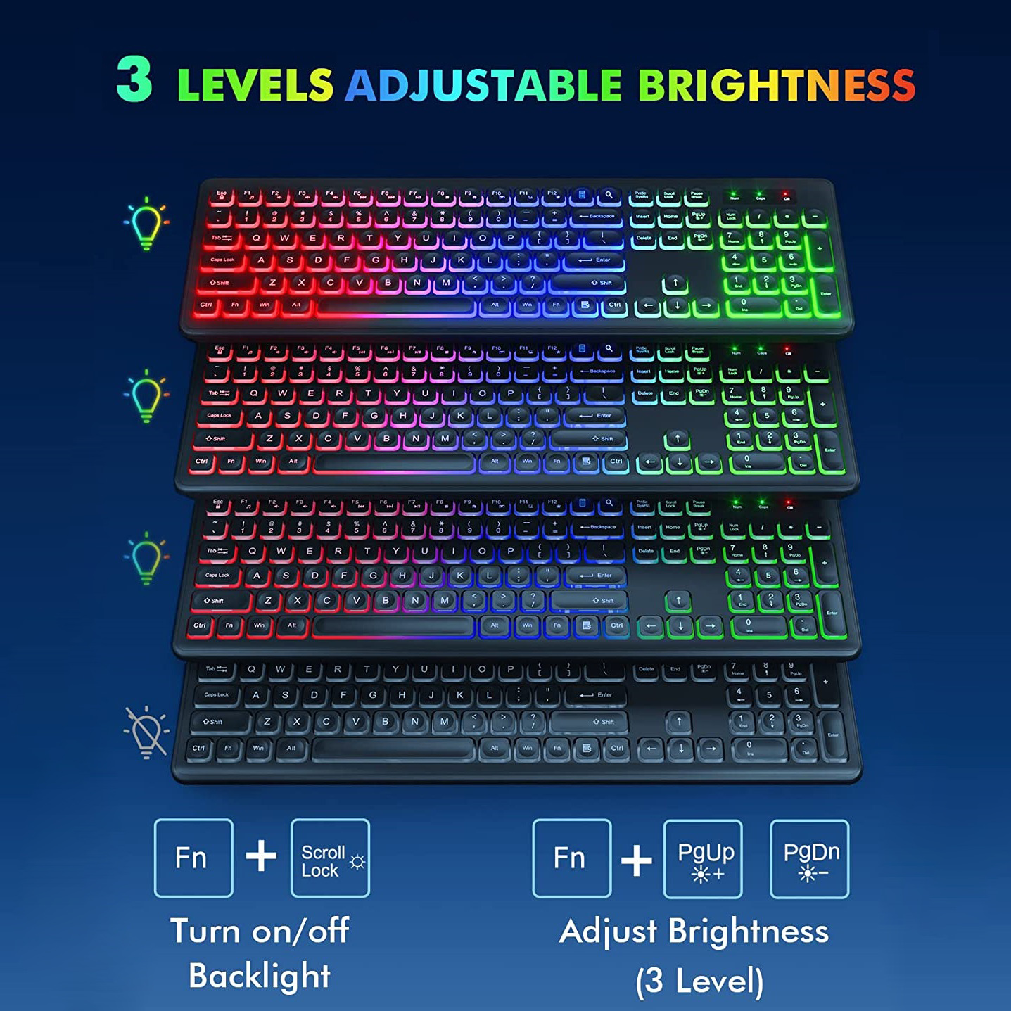 Tre tastiere con retroilluminazione colorata, che mostrano 3 livelli di luminosità.