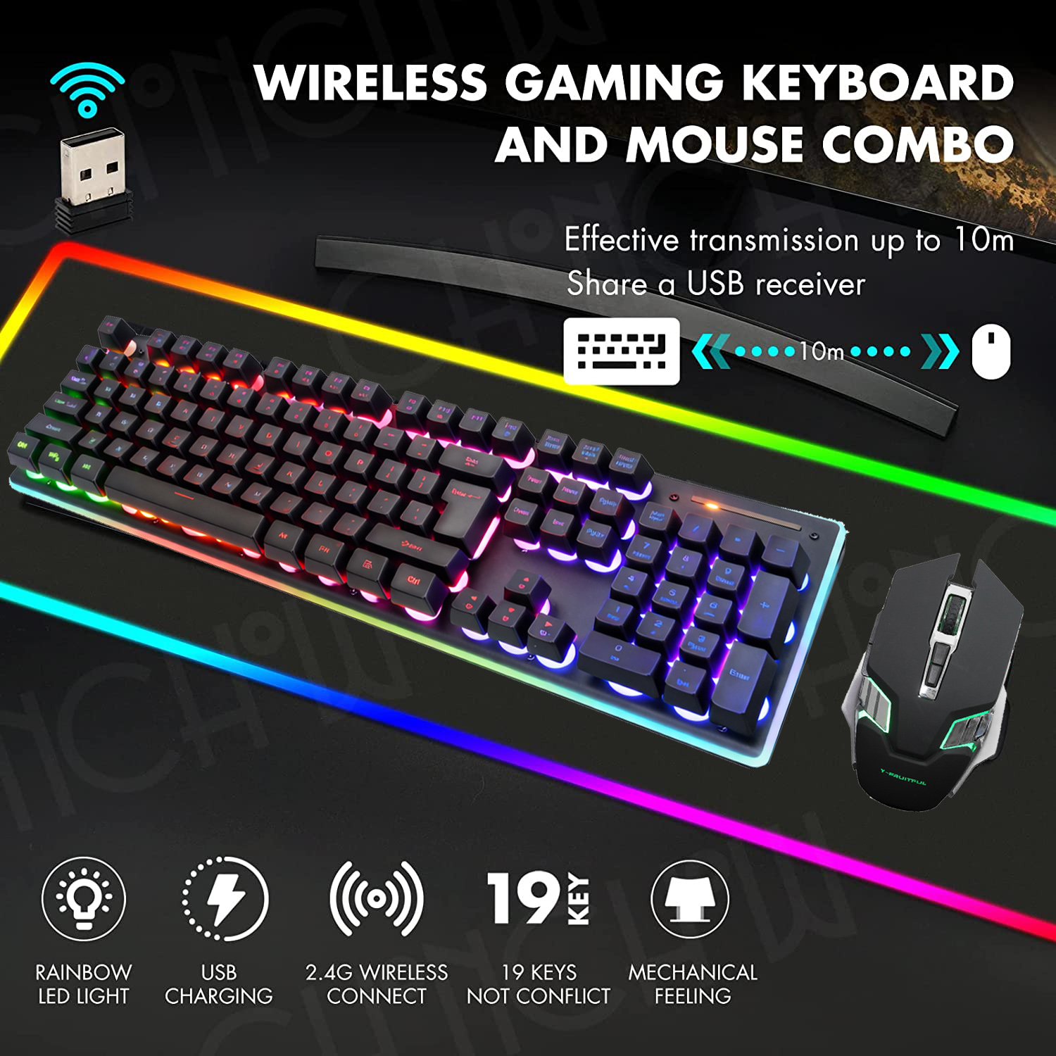 Combo tastiera e mouse wireless da gaming con illuminazione RGB e ricevitore USB.